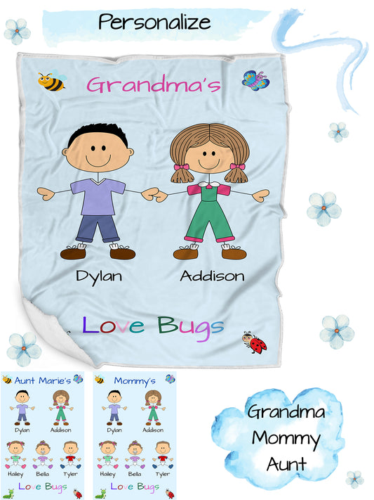 Personalized Dog Cat Pets Grandma, Aunt, Mom, Wife or Sister's Love Bugs Blanket