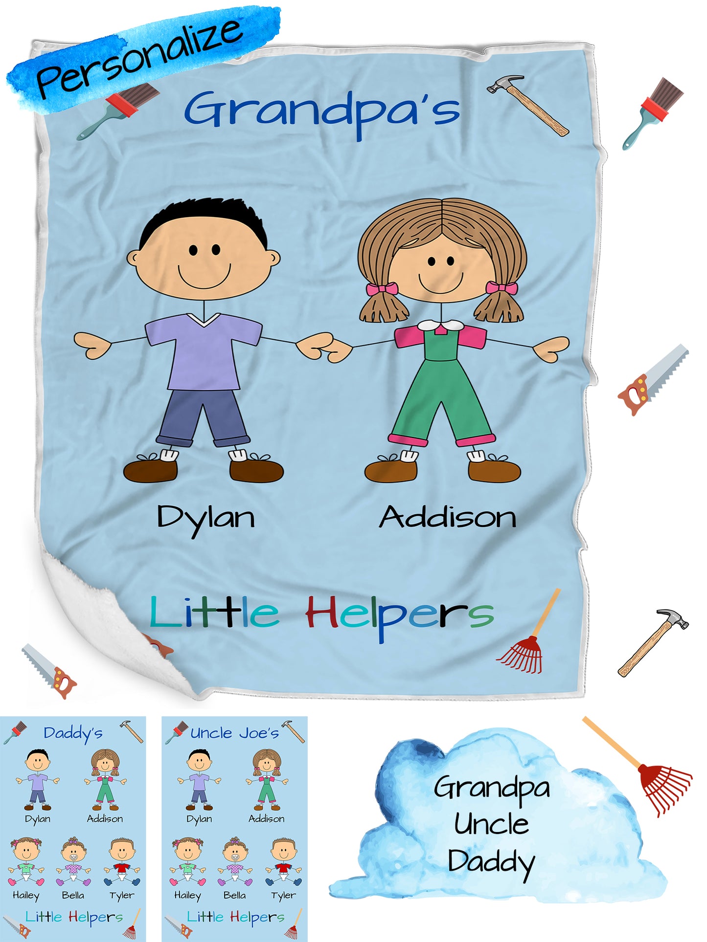 Personalized Dog Cat Pets Grandpa, Uncle, Dad, Husband or Brother Little Helpers Blanket