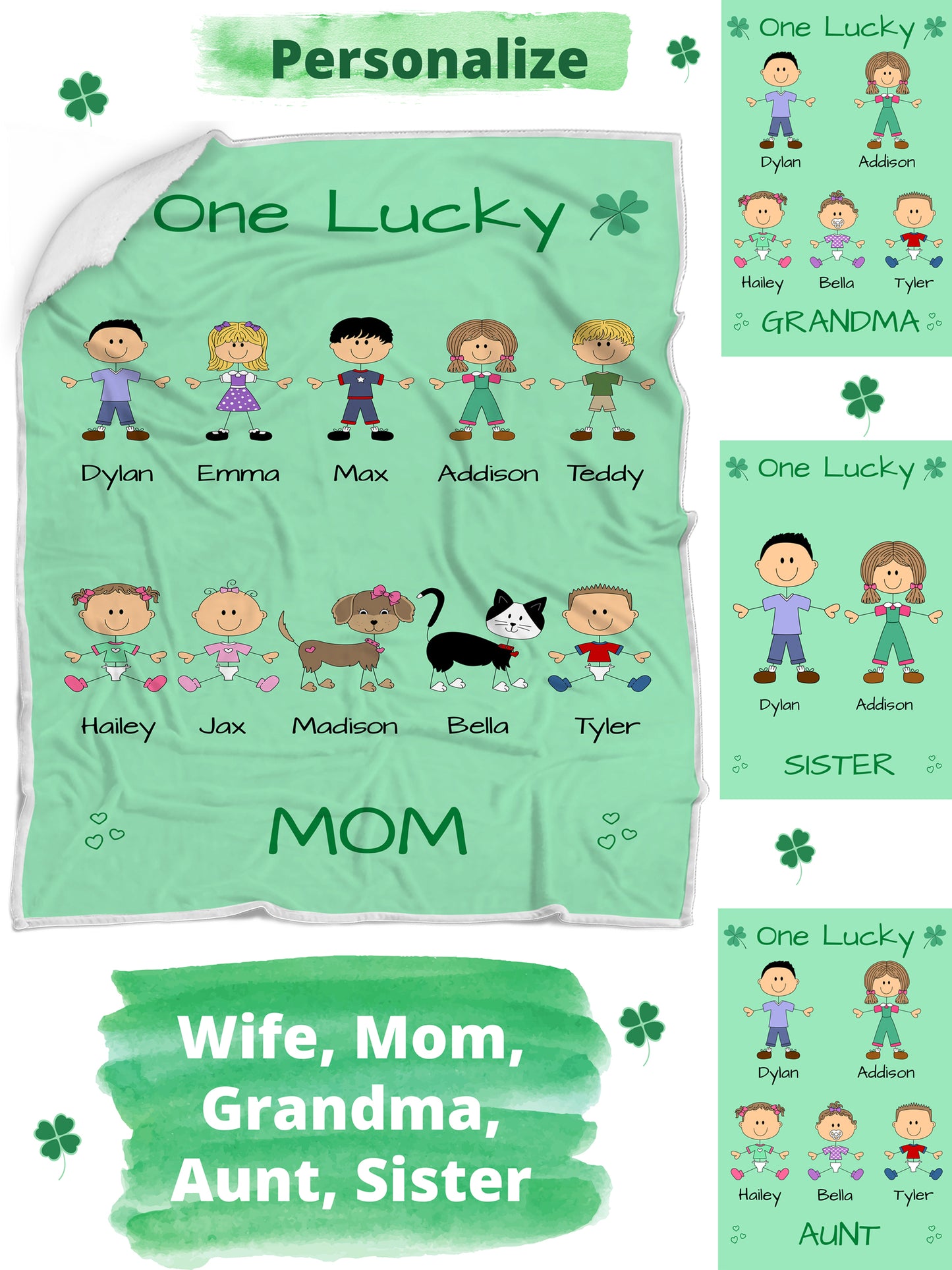 Personalized One Lucky Dog Cat Pets Grandma, Aunt, Mom, Wife or Sister Blanket