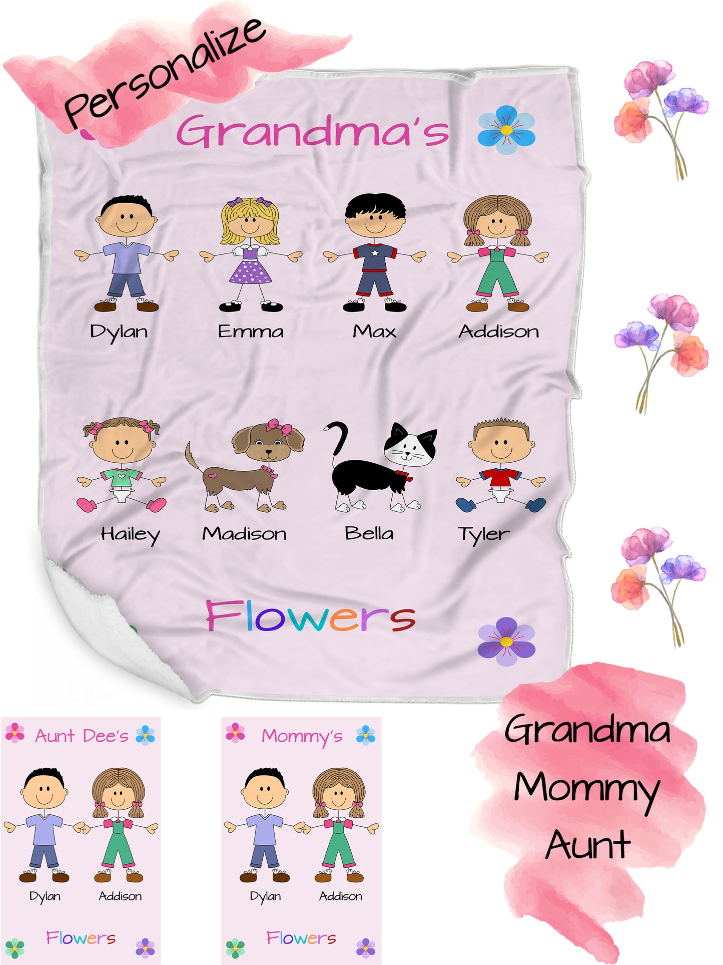 Personalized Dog Cat Pets Grandma, Aunt, Mom, Wife or Sister's Flowers Blanket
