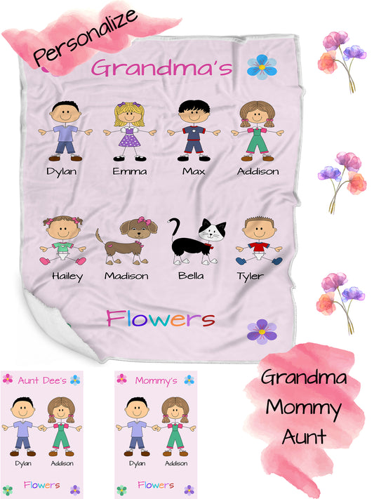 Personalized Dog Cat Pets Grandma, Aunt, Mom, Wife or Sister's Flowers Blanket