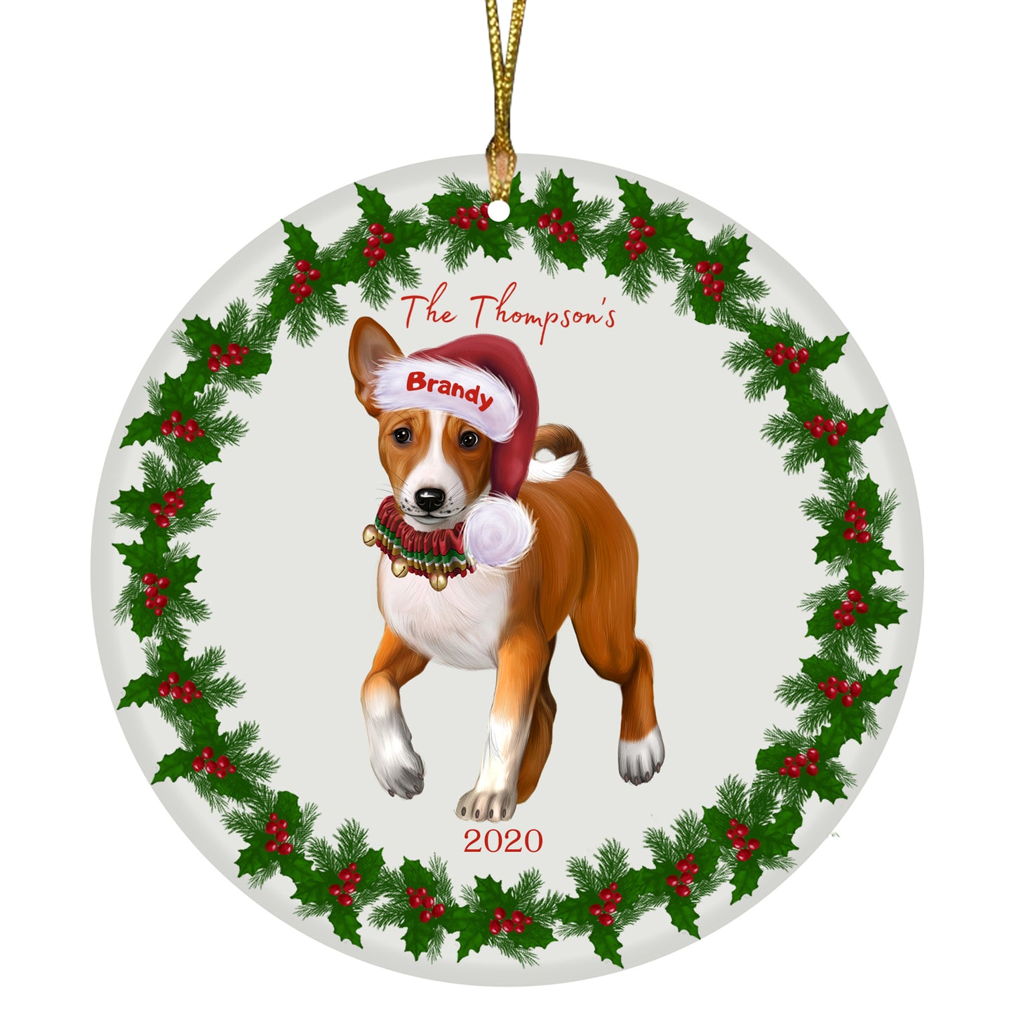 Personalized Holly Berry Trimming Basenji Dog Ceramic Round Flat Christmas Tree Ornament RFPOR48210