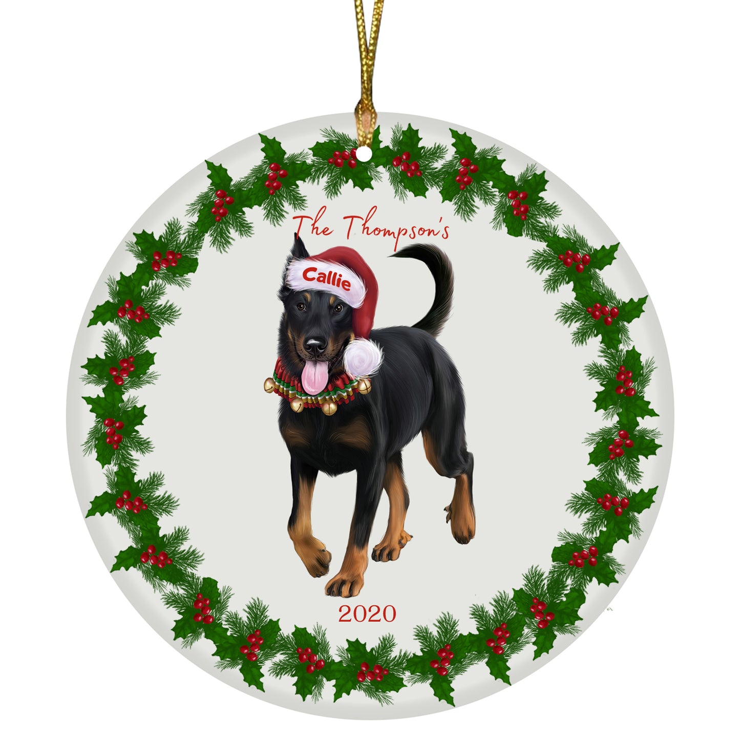 Personalized Holly Berry Trimming Beauceron Dog Ceramic Round Flat Christmas Tree Ornament RFPOR48214