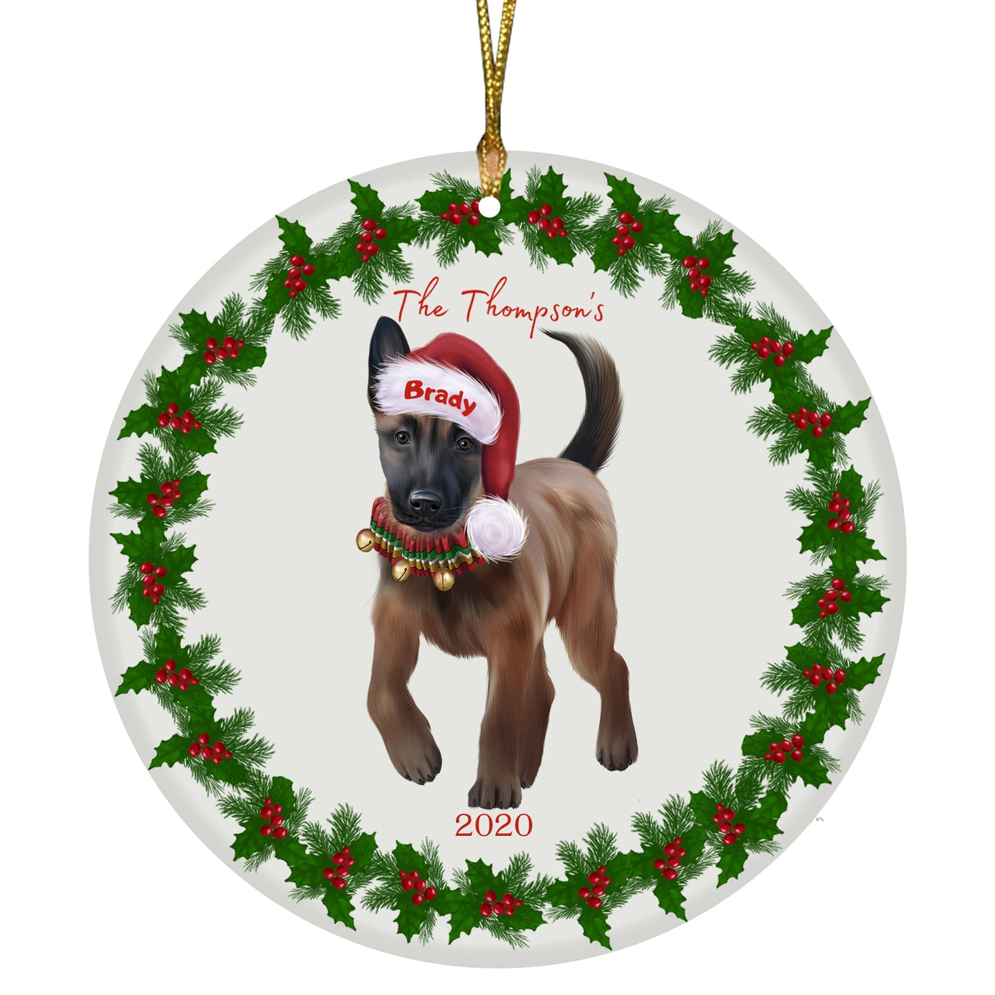 Personalized Holly Berry Trimming Belgian Malinois Dog Ceramic Round Flat Christmas Tree Ornament RFPOR48217
