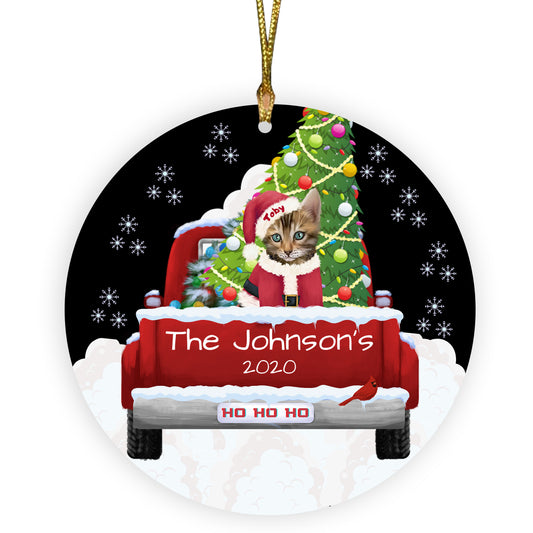 Personalized Travlin' Home for the Holidays Red Truck Bengal Cats Ceramic Round Flat Christmas Tree Ornament RFPOR48113
