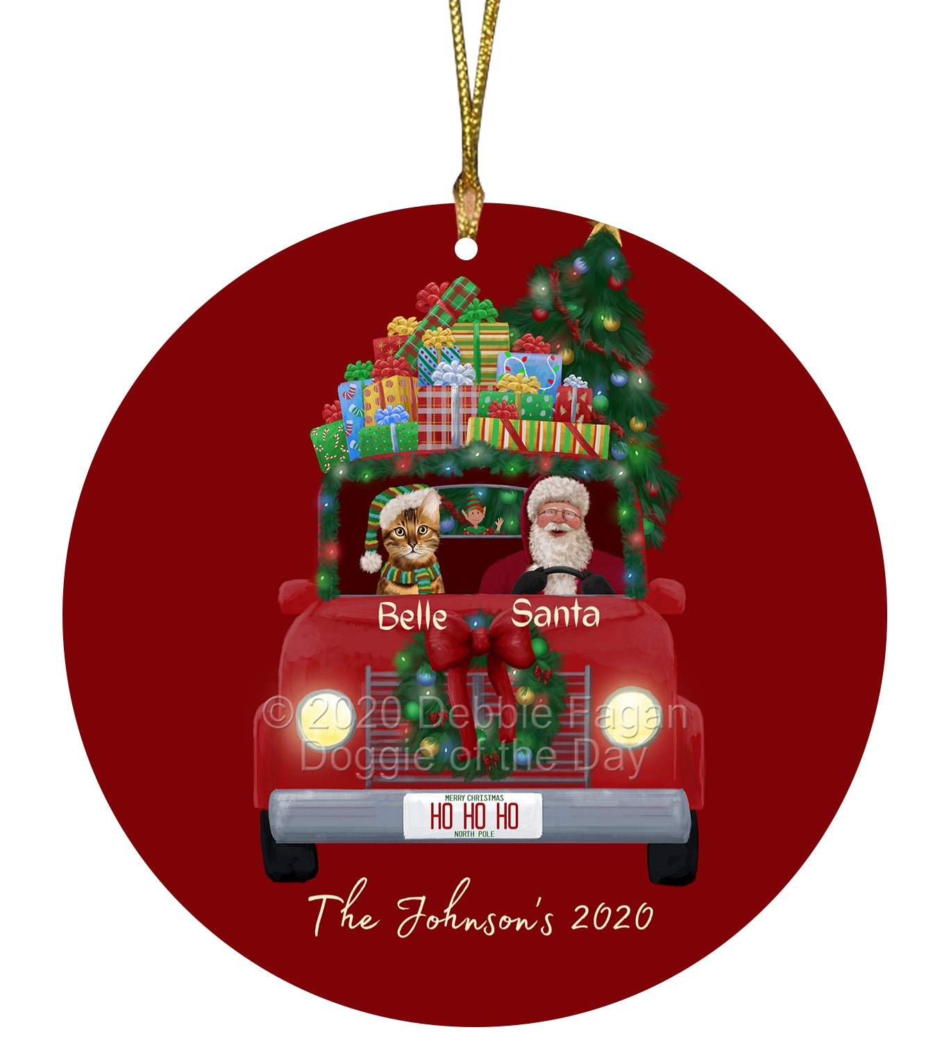 Personalized Red truck Santa with Bengal Cat Ceramic Round Flat Christmas Tree Ornament RFPOR48013
