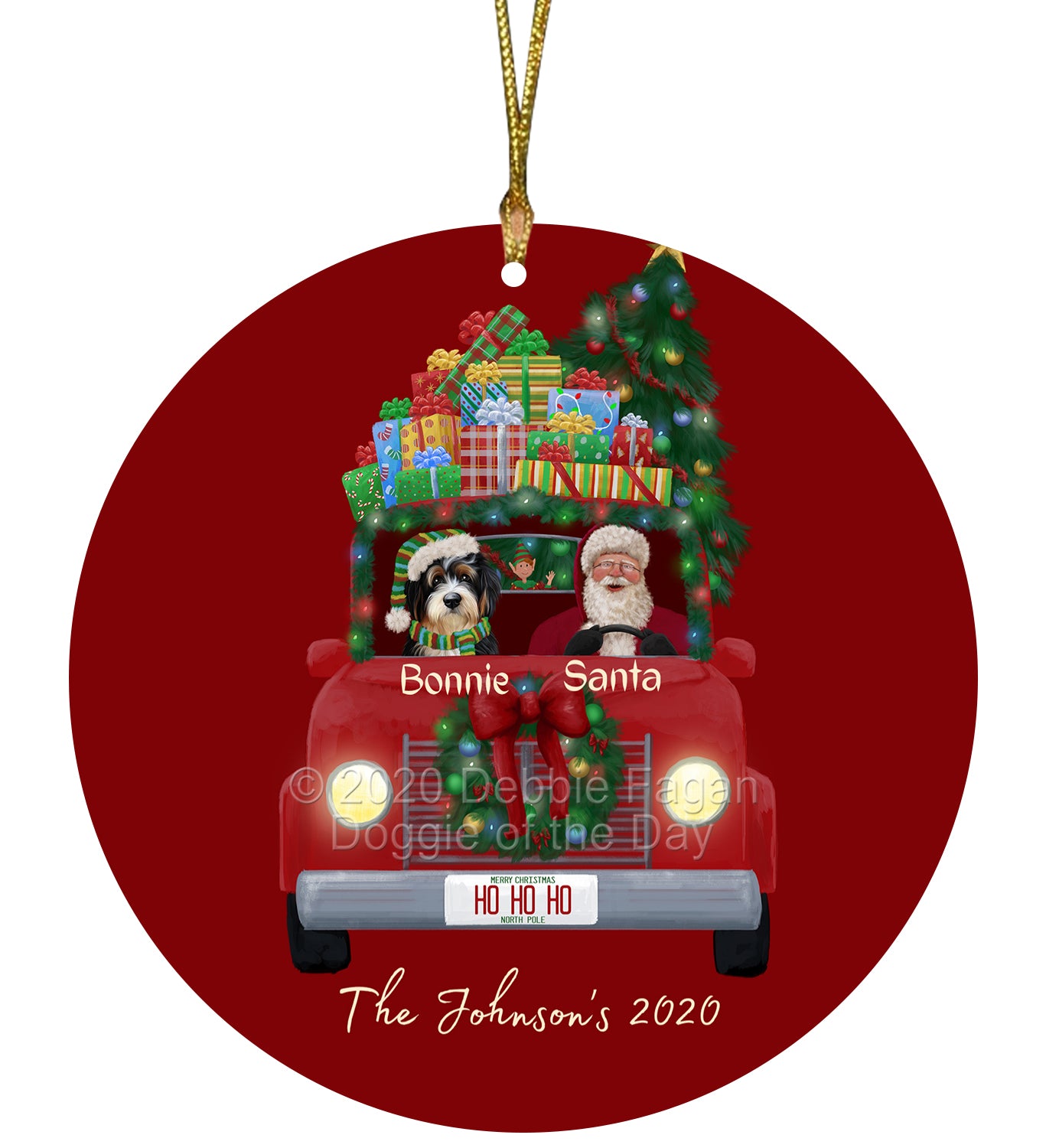 Personalized Red truck Santa with Bernedoodle Dog Ceramic Round Flat Christmas Tree Ornament RFPOR48015