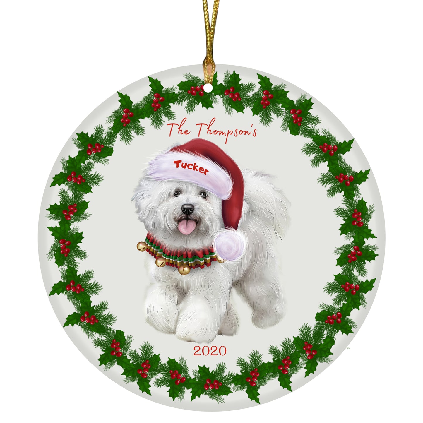 Personalized Holly Berry Trimming Bichon Frise Dog Ceramic Round Flat Christmas Tree Ornament RFPOR48220