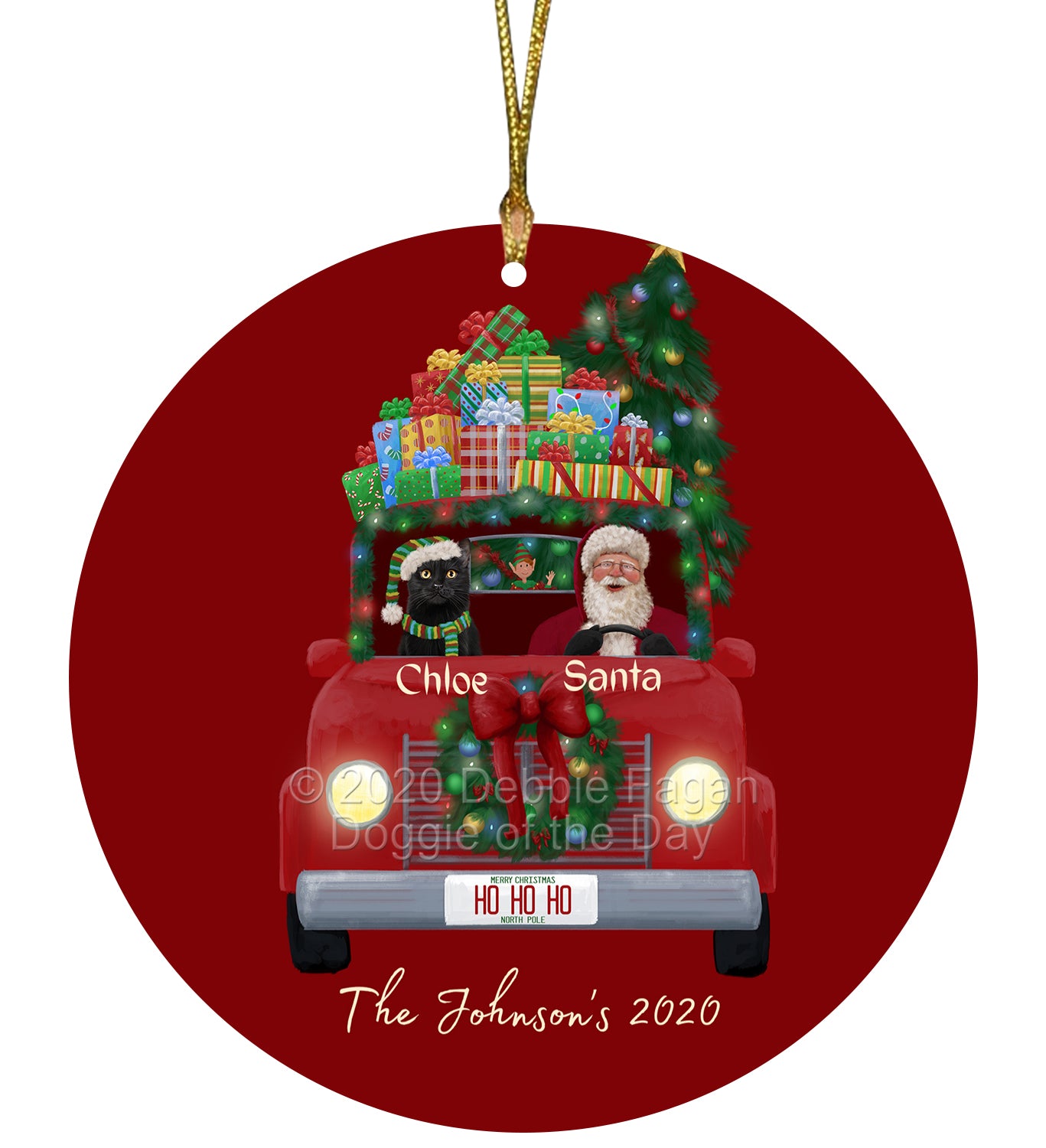 Personalized Red truck Santa with Black Cat Ceramic Round Flat Christmas Tree Ornament RFPOR48018