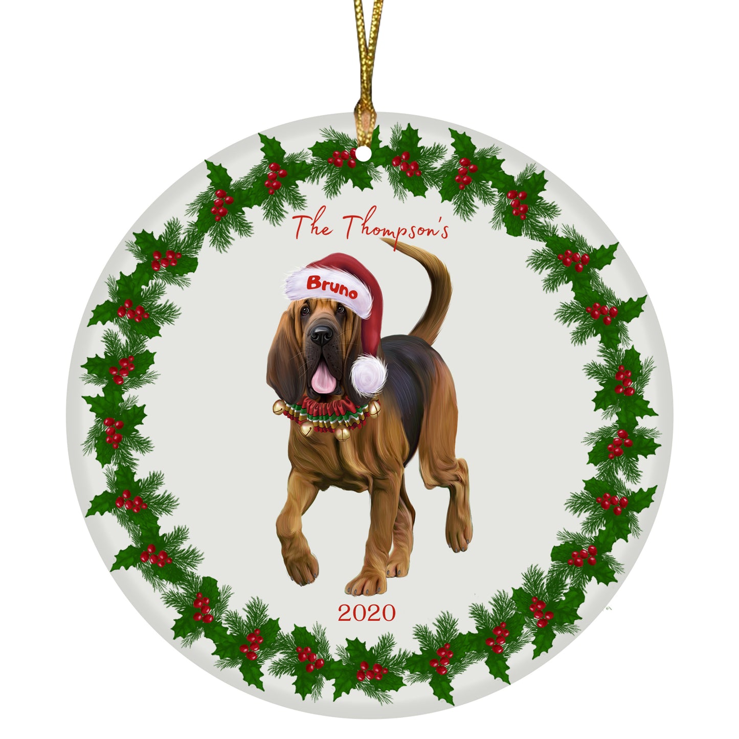 Personalized Holly Berry Trimming Bloodhound Dog Ceramic Round Flat Christmas Tree Ornament RFPOR48221