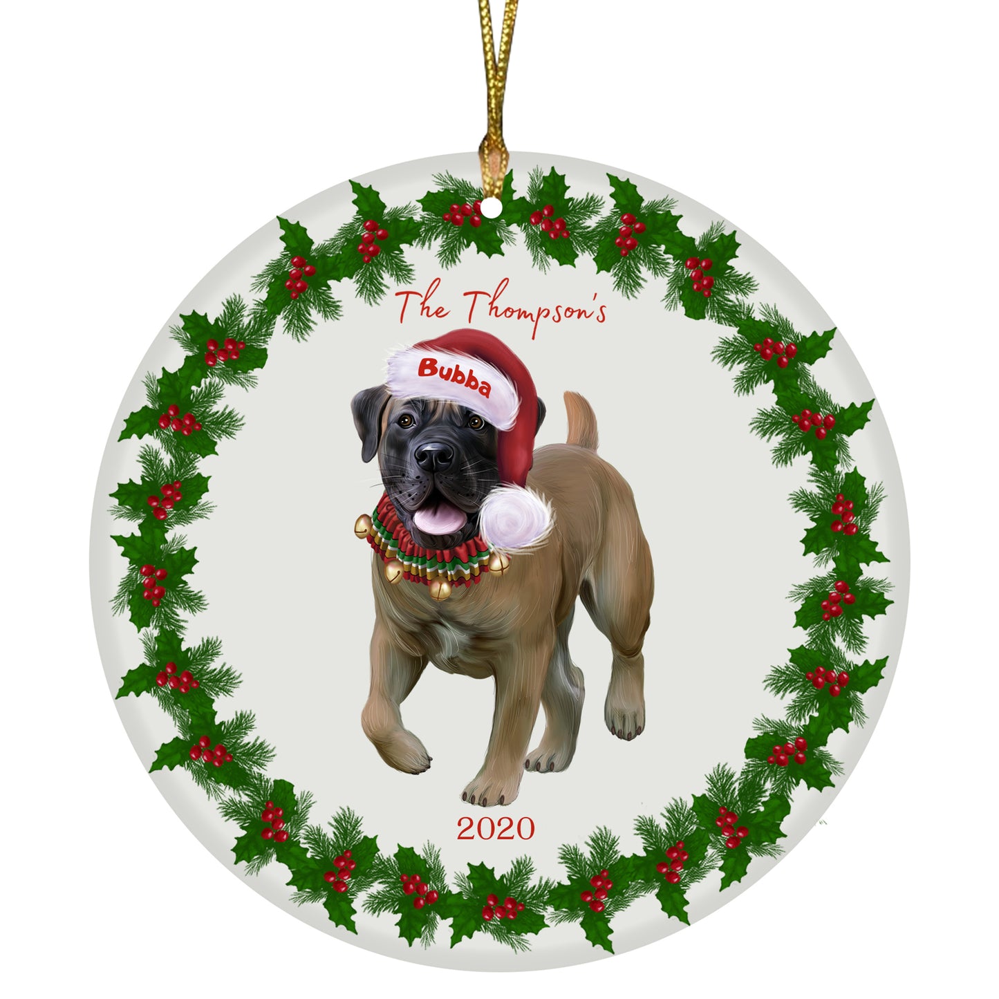 Personalized Holly Berry Trimming Boerboel Dog Ceramic Round Flat Christmas Tree Ornament RFPOR48226