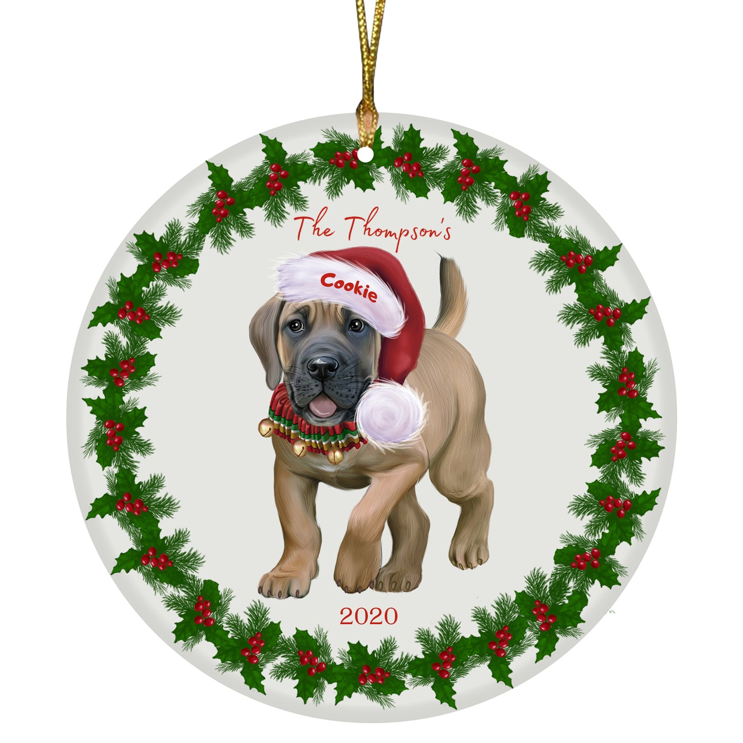 Personalized Holly Berry Trimming Boerboel Dog Ceramic Round Flat Christmas Tree Ornament RFPOR48228