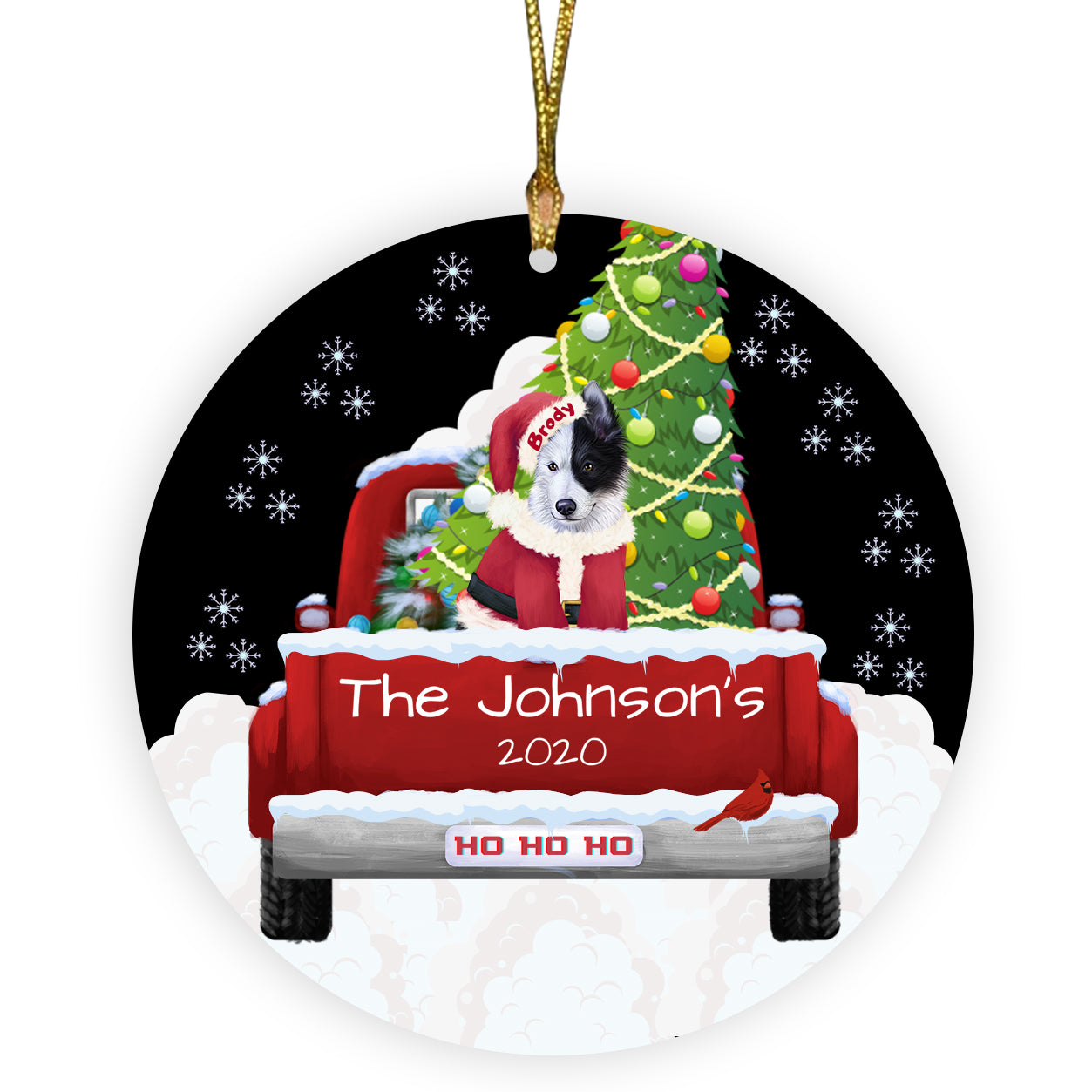 Personalized Travlin' Home for the Holidays Red Truck Border Collie Dogs Ceramic Round Flat Christmas Tree Ornament RFPOR48121