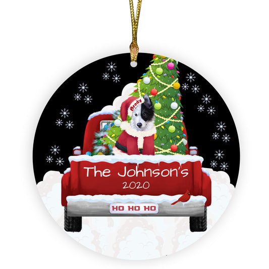 Personalized Travlin' Home for the Holidays Red Truck Border Collie Dogs Ceramic Round Flat Christmas Tree Ornament RFPOR48121
