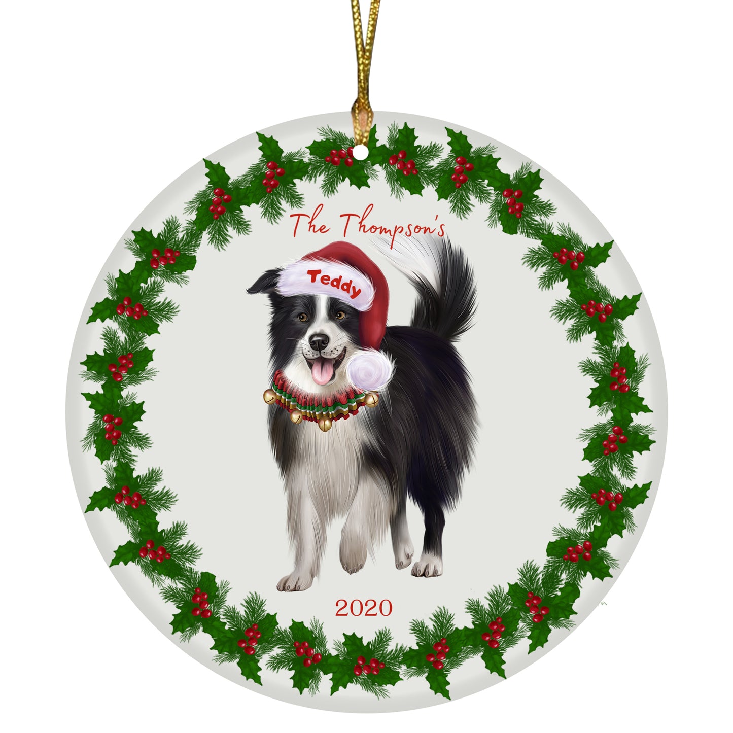 Personalized Holly Berry Trimming Border Collie Dog Ceramic Round Flat Christmas Tree Ornament RFPOR48230