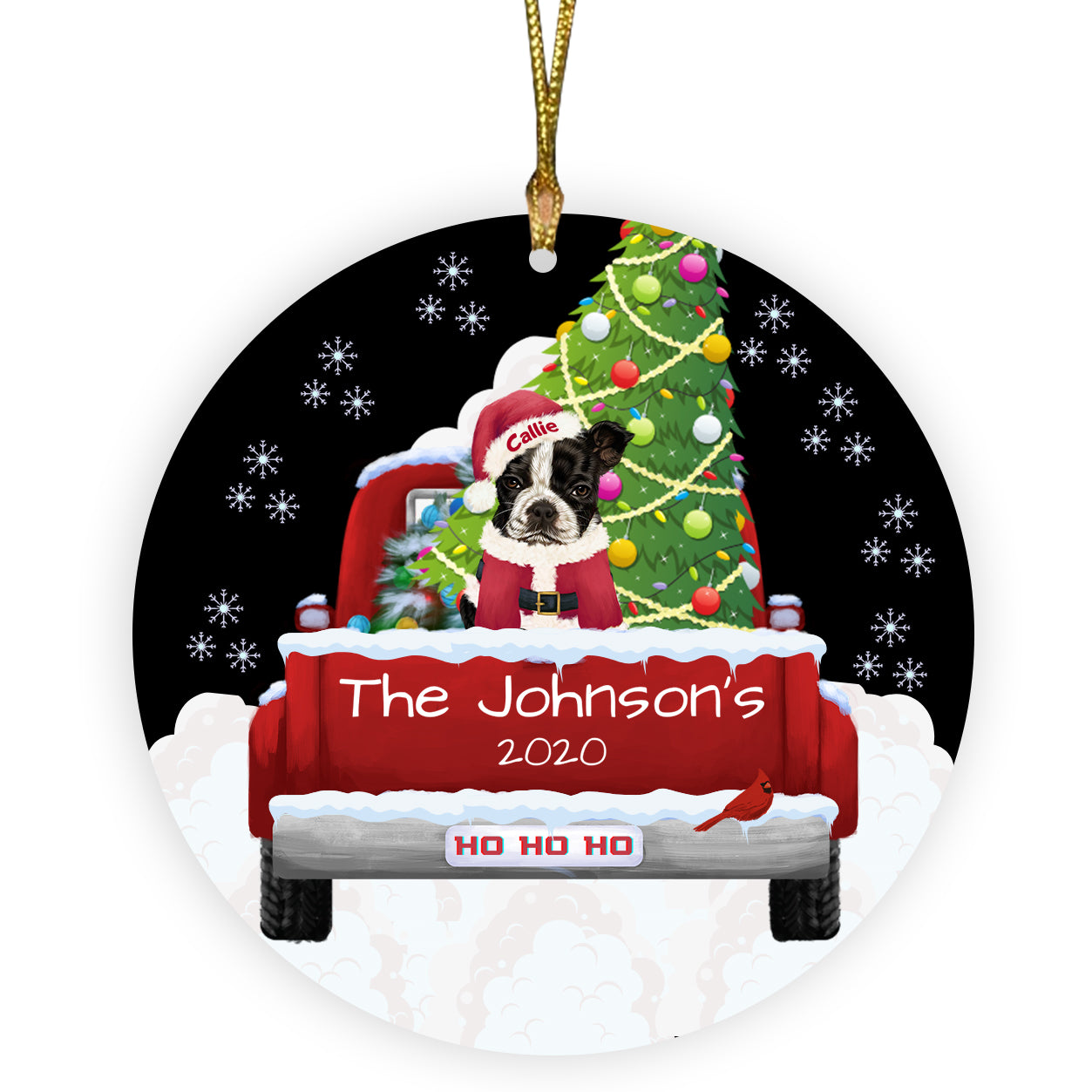 Personalized Travlin' Home for the Holidays Red Truck Boston Terrier Dogs Ceramic Round Flat Christmas Tree Ornament RFPOR48122