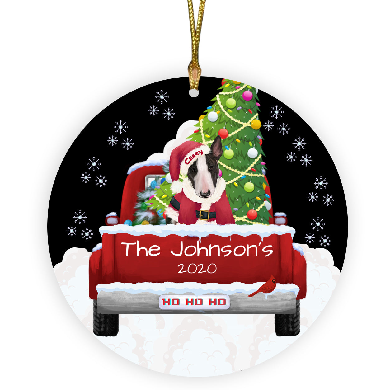 Personalized Travlin' Home for the Holidays Red Truck Bull Terrier Dogs Ceramic Round Flat Christmas Tree Ornament RFPOR48125