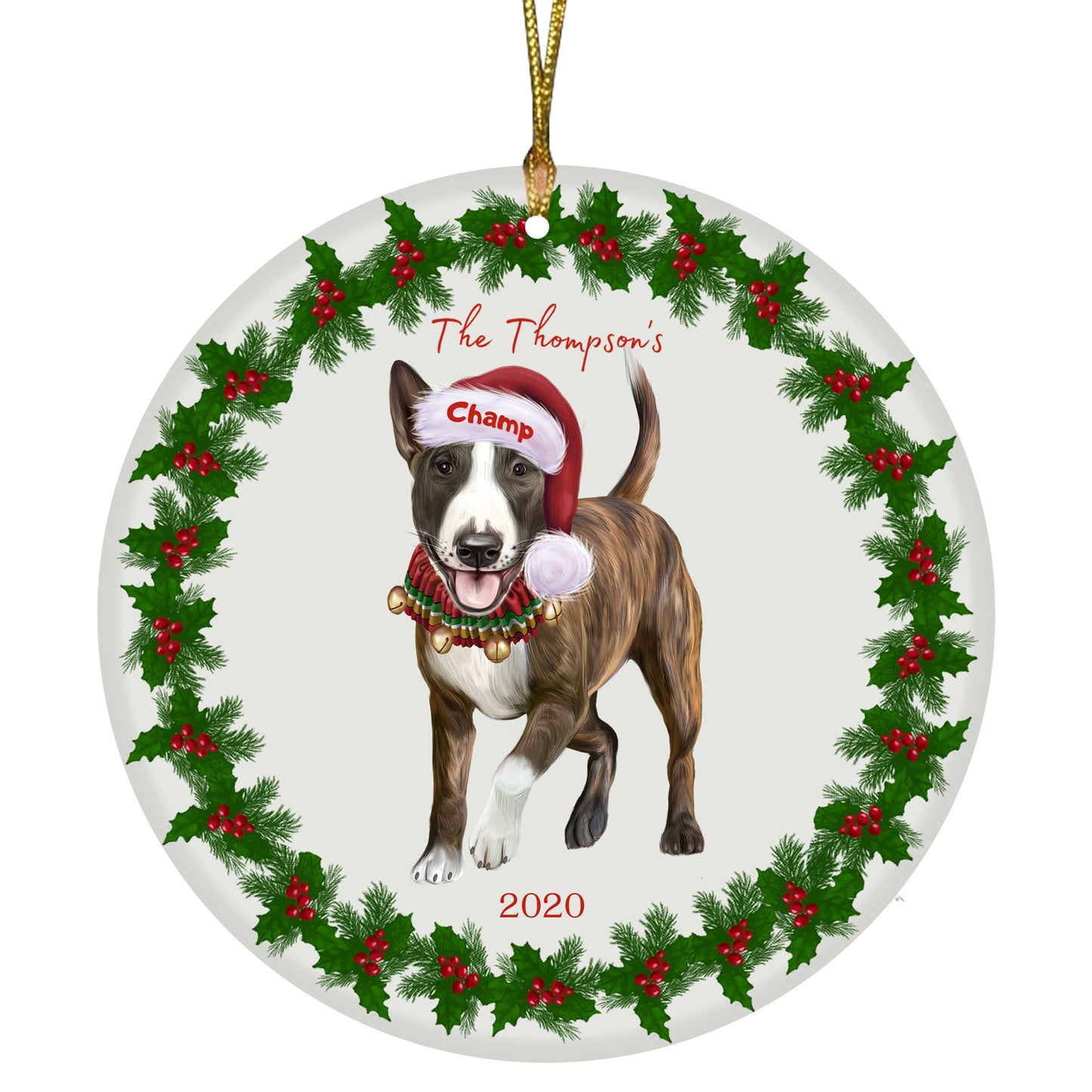 Personalized Holly Berry Trimming Bull Terrier Dog Ceramic Round Flat Christmas Tree Ornament RFPOR48233