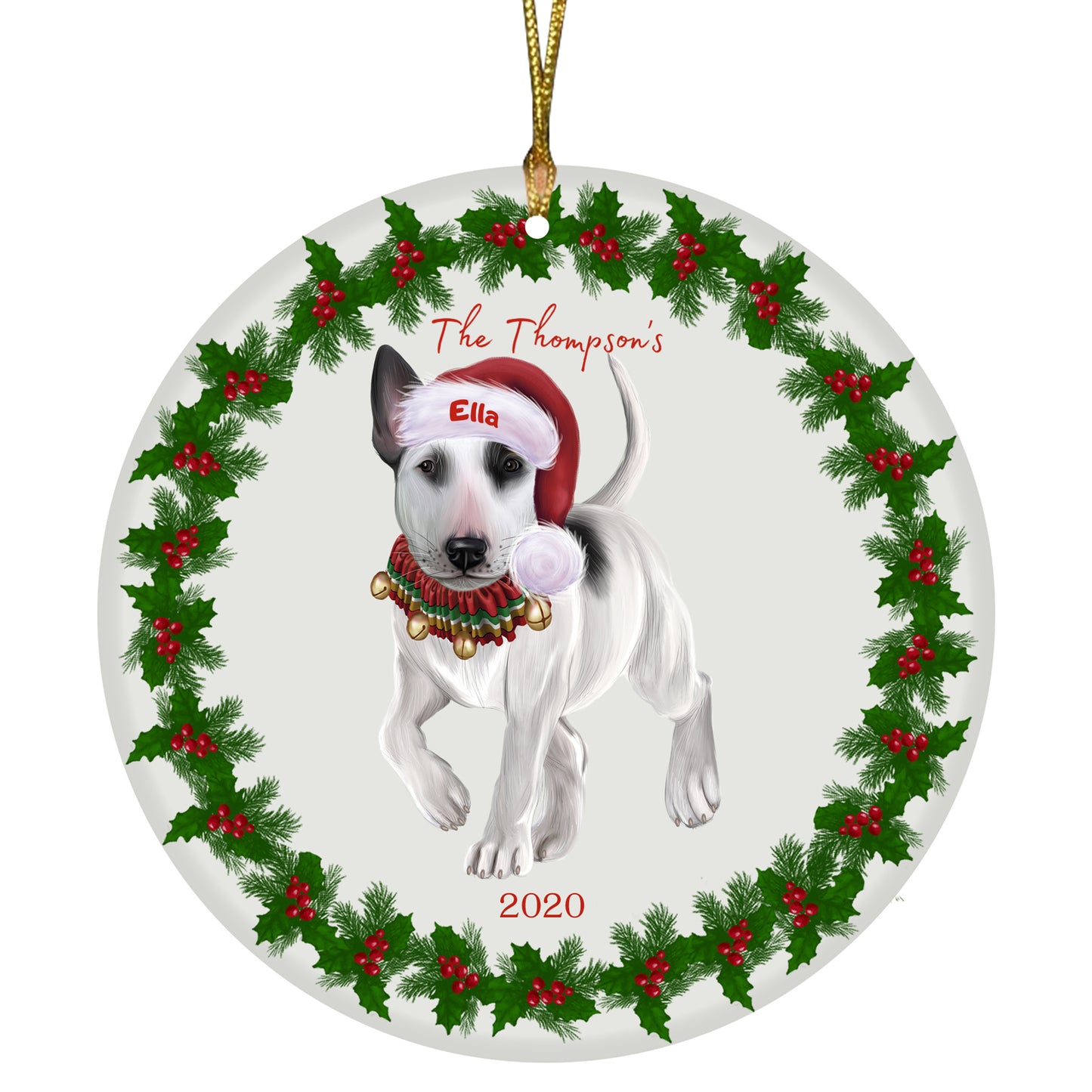 Personalized Holly Berry Trimming Bull Terrier Dog Ceramic Round Flat Christmas Tree Ornament RFPOR48236