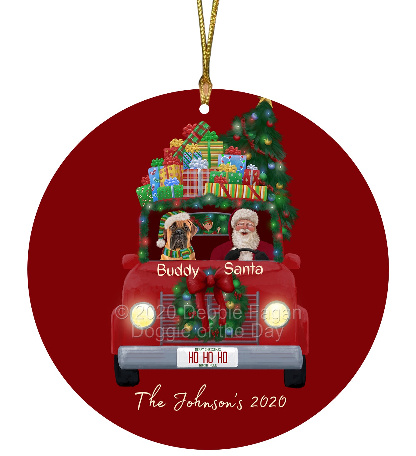 Personalized Red truck Santa with Bullmastiff Dog Ceramic Round Flat Christmas Tree Ornament RFPOR48025