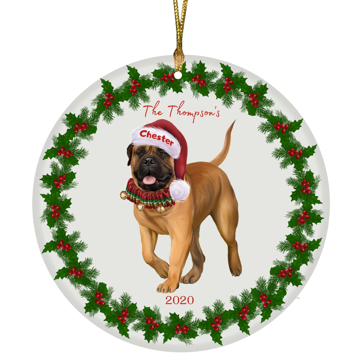 Personalized Holly Berry Trimming Bullmastiff Dog Ceramic Round Flat Christmas Tree Ornament RFPOR48241