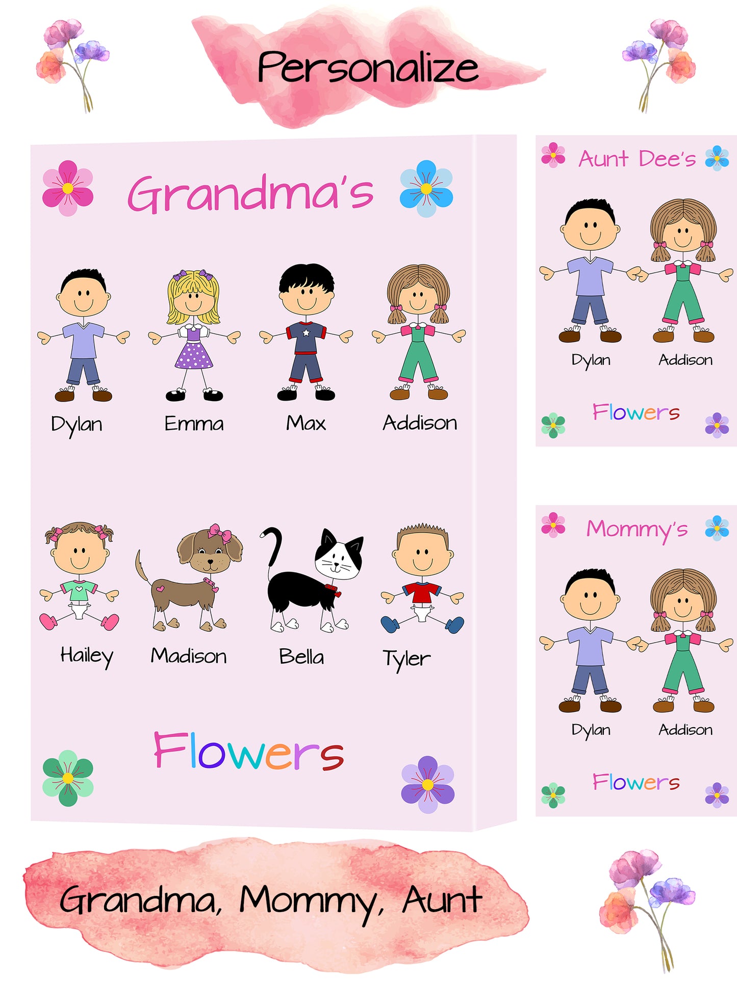 Personalized Dog Cat Pets Grandma, Aunt, Mom, Wife or Sister's Flowers Canvas Print Wall Art Décor
