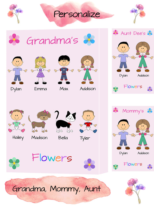 Personalized Dog Cat Pets Grandma, Aunt, Mom, Wife or Sister's Flowers Canvas Print Wall Art Décor