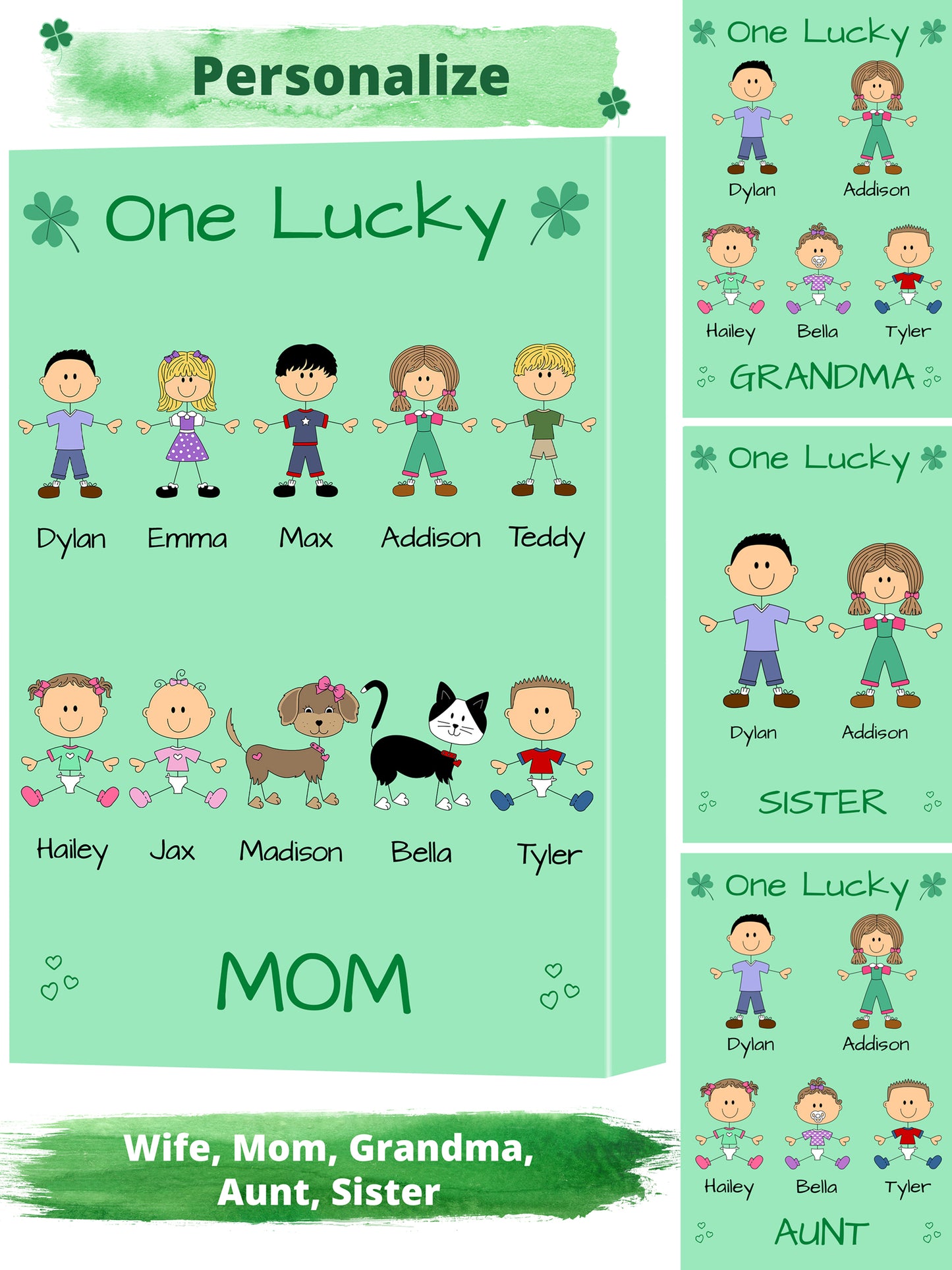 Personalized One Lucky Dog Cat Pets Grandma, Aunt, Mom, Wife or Sister Canvas Print Wall Art Décor