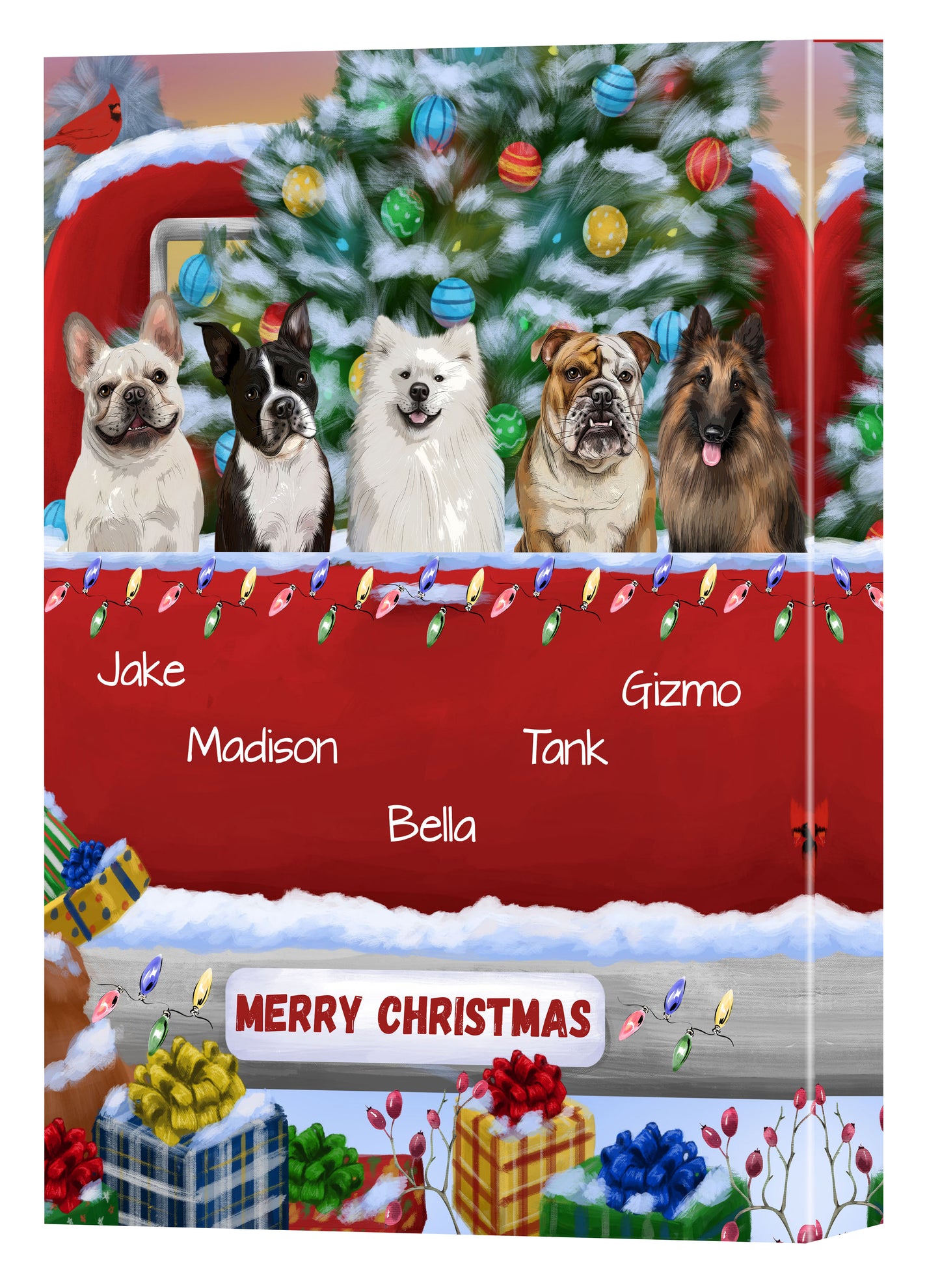 Personalized Merry Christmas Red Truck 1 Dog Cat Pets Canvas Print Wall Art Décor 1 to 5 Pets