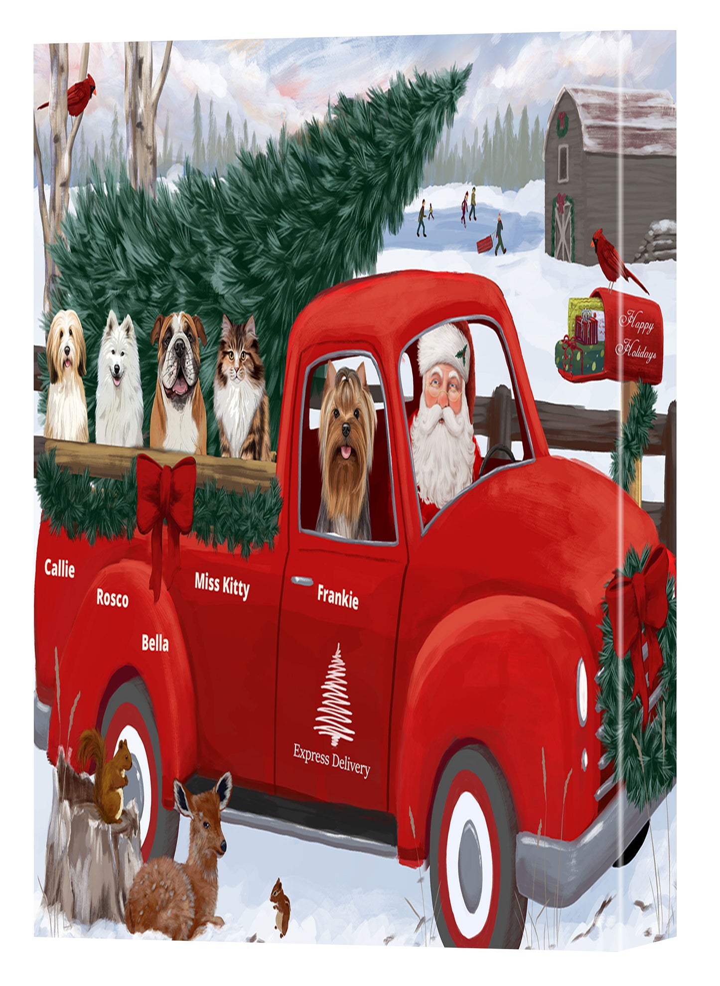Personalized Express Red Truck Dog Cat Pets Canvas Print Wall Art Décor 1 to 5 Pets