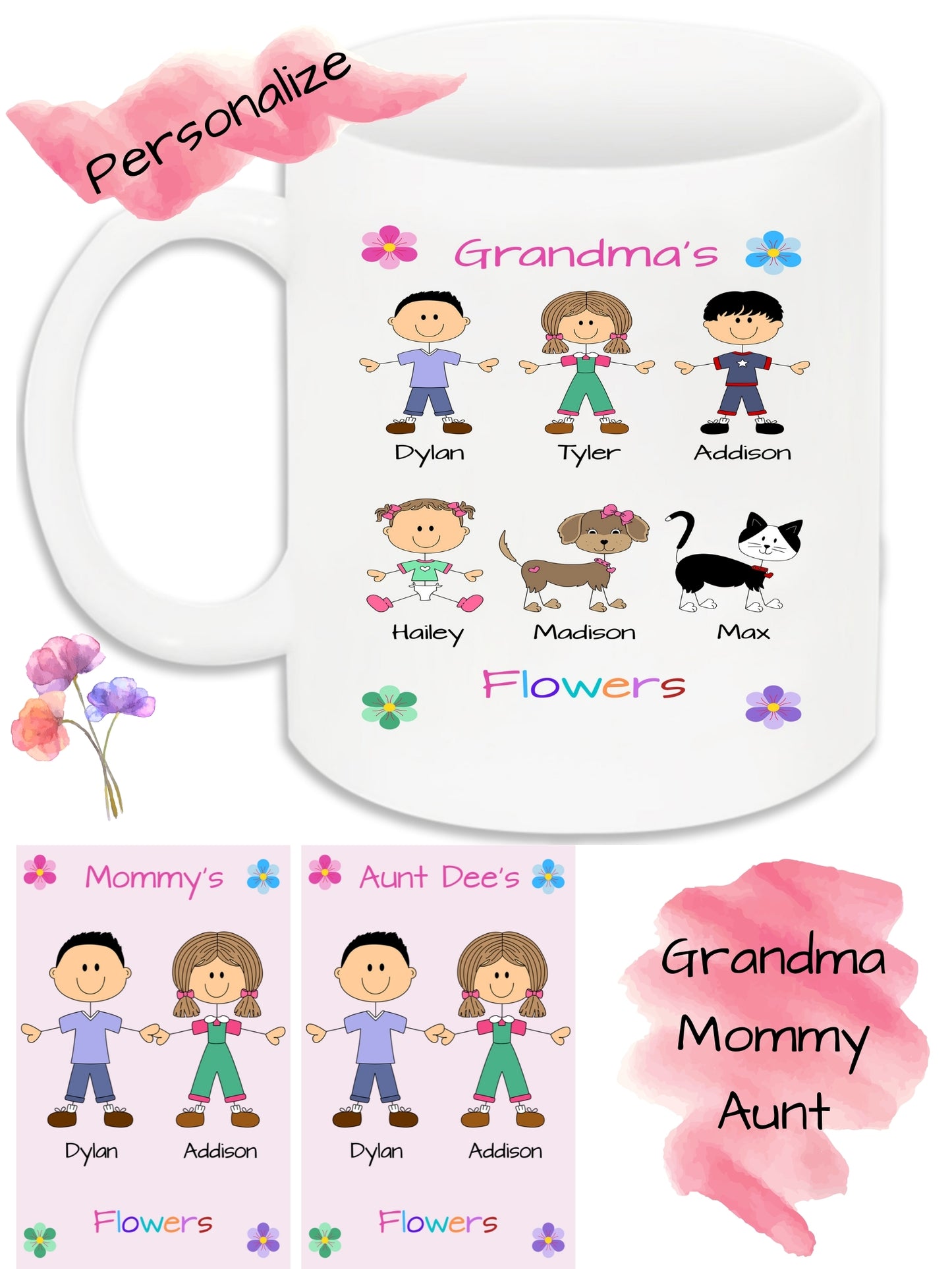 Personalized Dog Cat Pets Grandma, Aunt, Mom, Wife or Sister's Flowers 11 OZ Coffee Mug