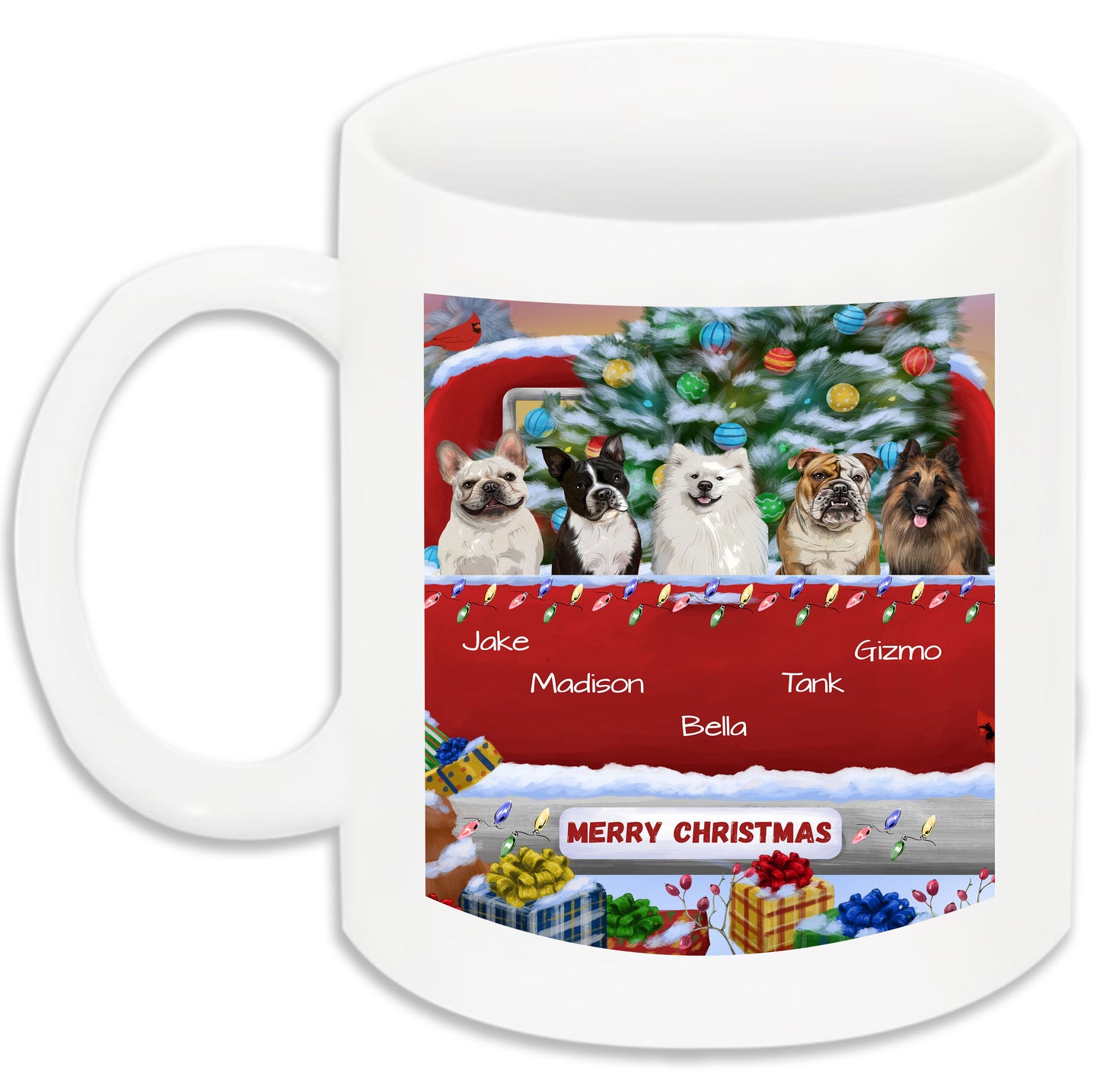 Personalized Merry Christmas Red Truck 1 Dog Cat Pets Mug 1 to 5 Pets