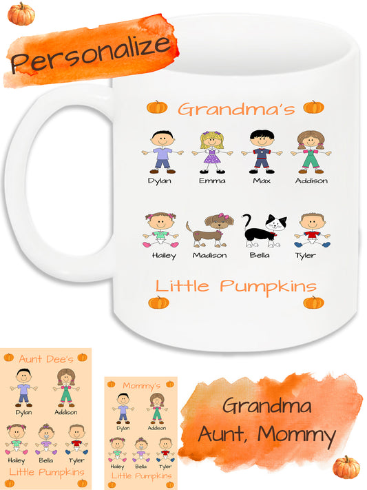Personalized Dog Cat Pets Grandma, Aunt, Mom, Wife or Sister's Little Pumpkins 11 OZ Coffee Mug