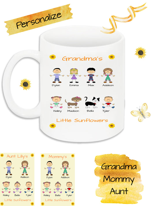 Personalized Dog Cat Pets Grandma, Aunt, Mom, Wife or Sister's Little Sun Flowers 11 OZ Coffee Mug