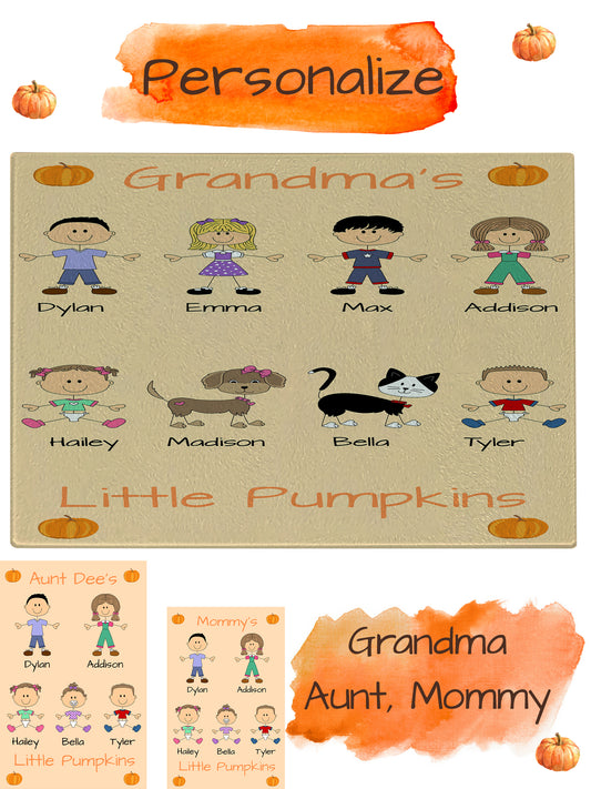 Personalized Dog Cat Pets Grandma, Aunt, Mom, Wife or Sister's Little Pumpkins Glass Cutting Board