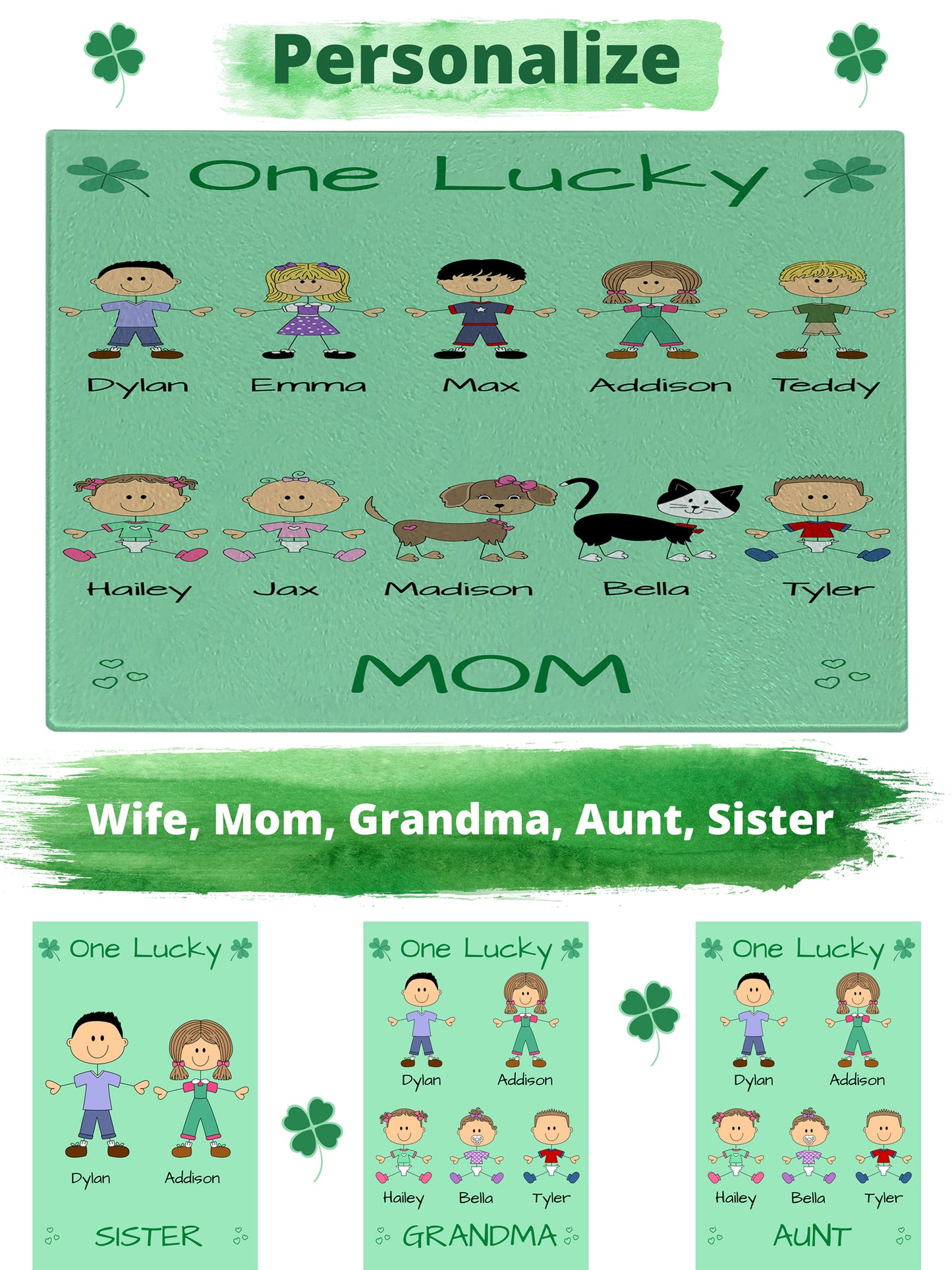 Personalized One Lucky Dog Cat Pets Grandma, Aunt, Mom, Wife or Sister Glass Cutting Board