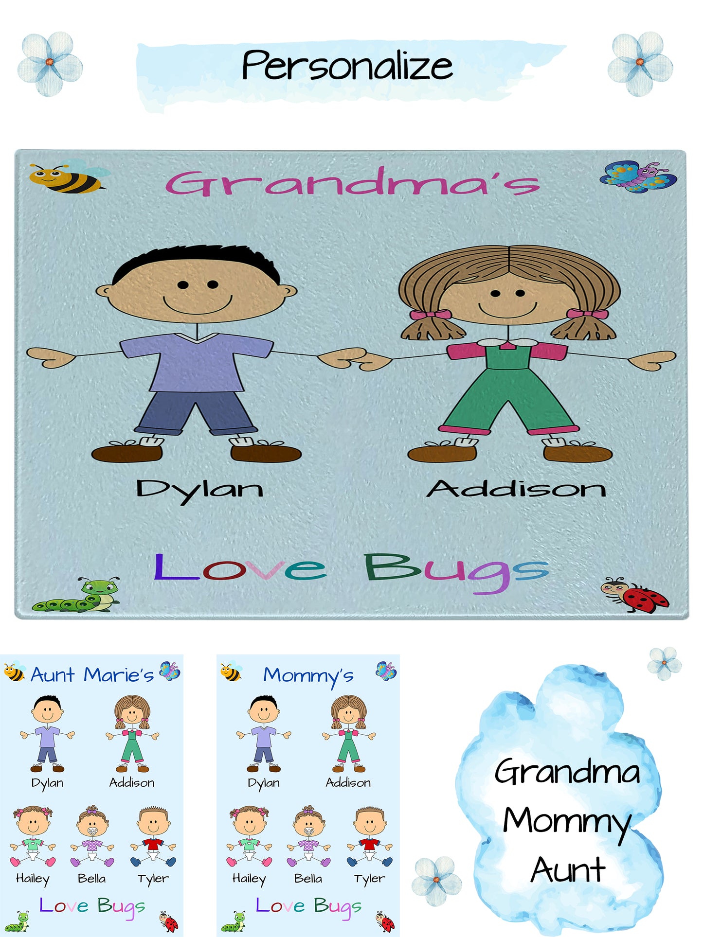 Personalized Dog Cat Pets Grandma, Aunt, Mom, Wife or Sister's Love Bugs Glass Cutting Board