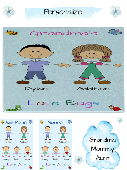 Personalized Dog Cat Pets Grandma, Aunt, Mom, Wife or Sister's Love Bugs Glass Cutting Board