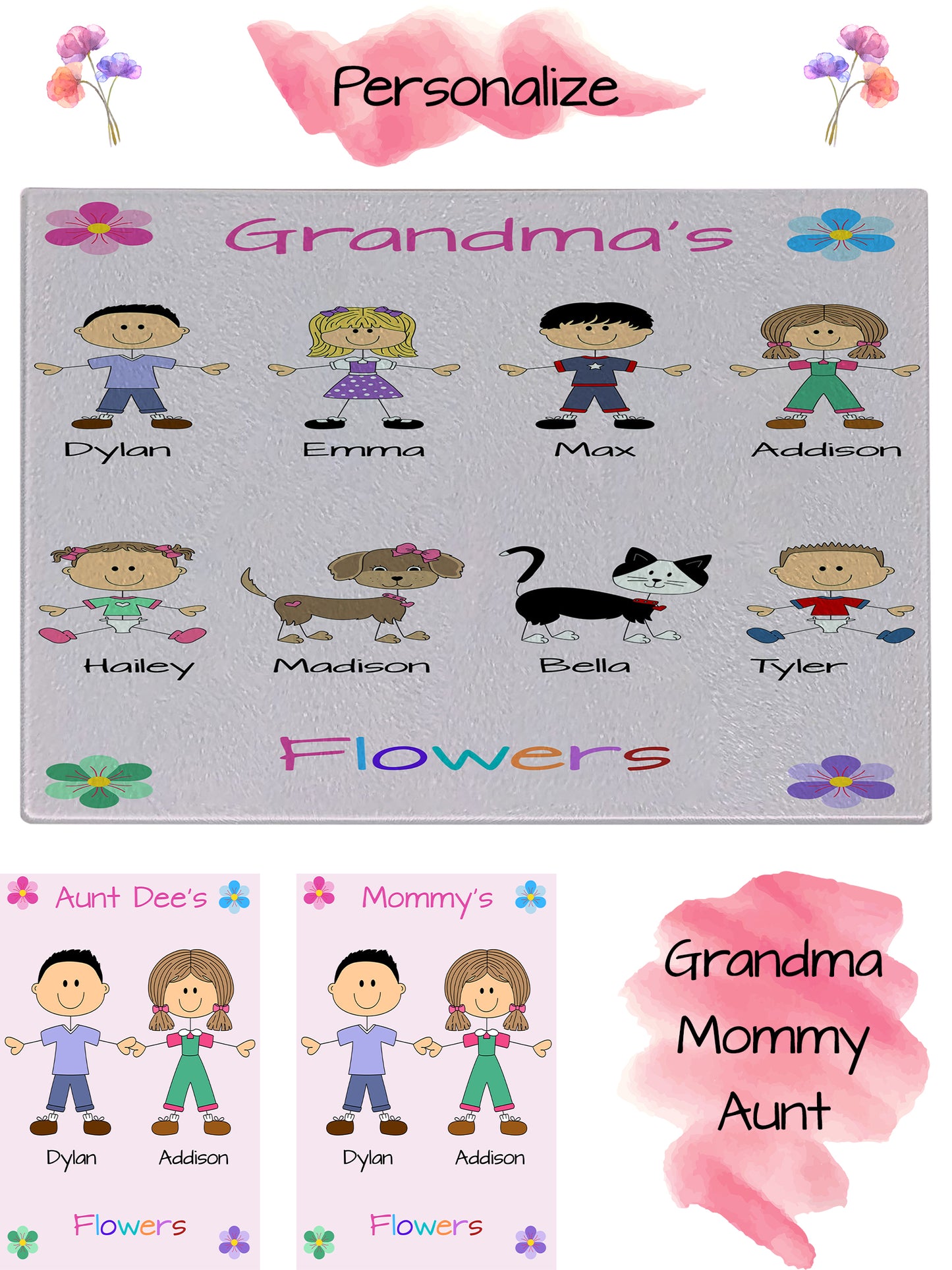 Personalized Dog Cat Pets Grandma, Aunt, Mom, Wife or Sister's Flower Glass Cutting Board