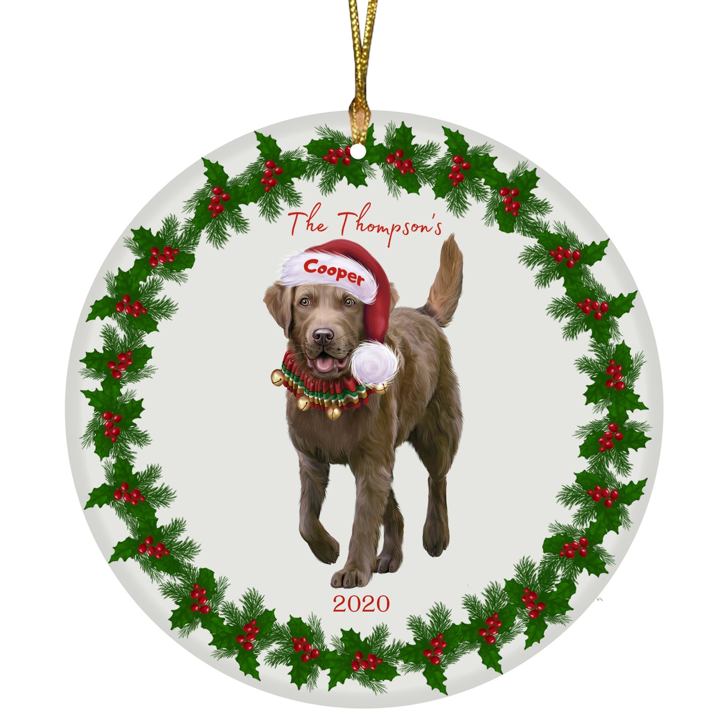 Personalized Holly Berry Trimming Chesapeake Bay Retriever Dog Ceramic Round Flat Christmas Tree Ornament RFPOR48251