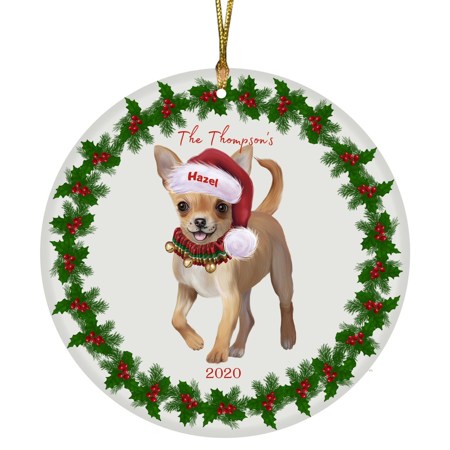 Personalized Holly Berry Trimming Chihuahua Dog Ceramic Round Flat Christmas Tree Ornament RFPOR48256