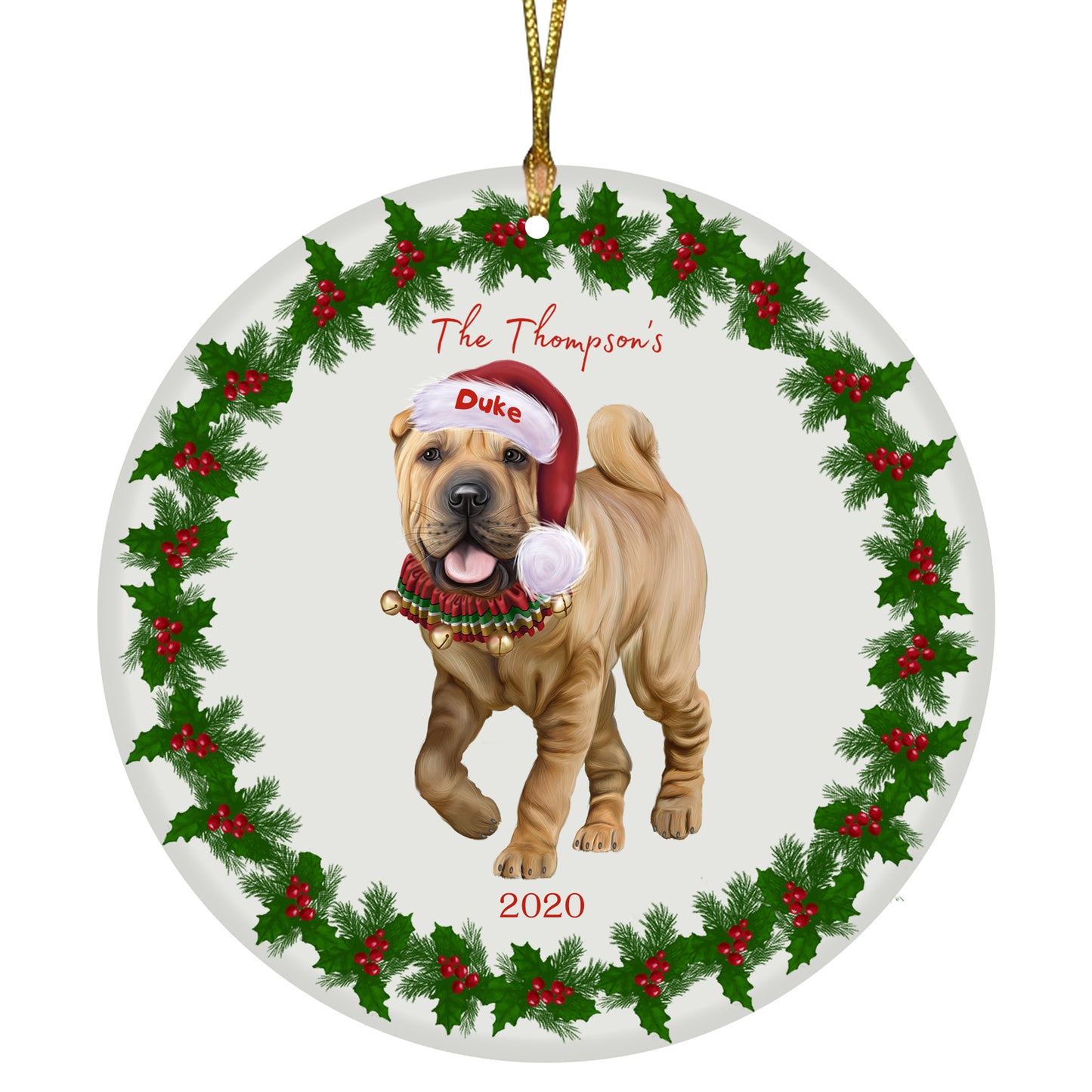 Personalized Holly Berry Trimming Chinese Shar Pei Dog Ceramic Round Flat Christmas Tree Ornament RFPOR48259