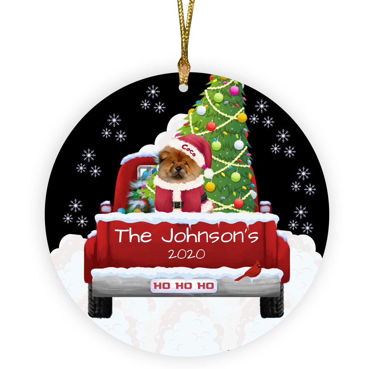 Personalized Travlin' Home for the Holidays Red Truck Chow Chow Dogs Ceramic Round Flat Christmas Tree Ornament RFPOR48132