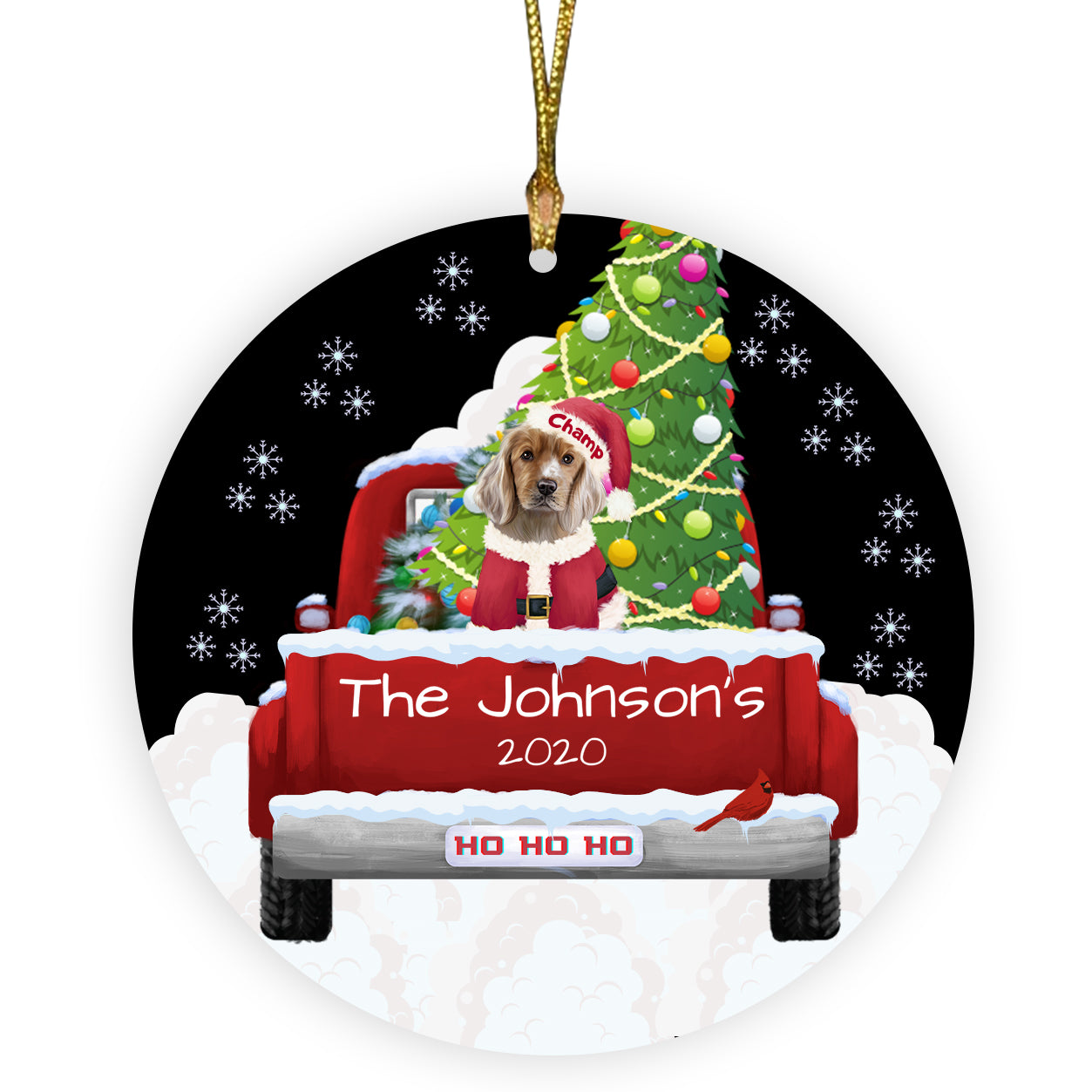 Personalized Travlin' Home for the Holidays Red Truck Cocker Spaniel Dogs Ceramic Round Flat Christmas Tree Ornament RFPOR48134