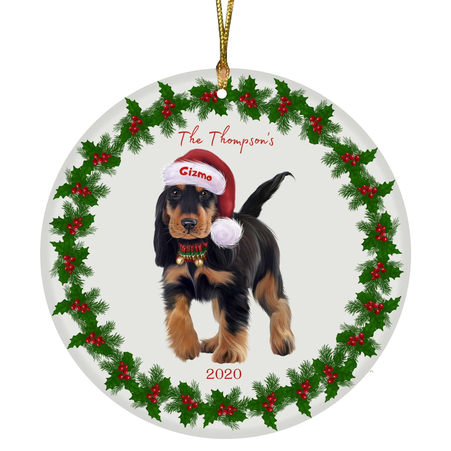 Personalized Holly Berry Trimming Cocker Spaniel Dog Ceramic Round Flat Christmas Tree Ornament RFPOR48269