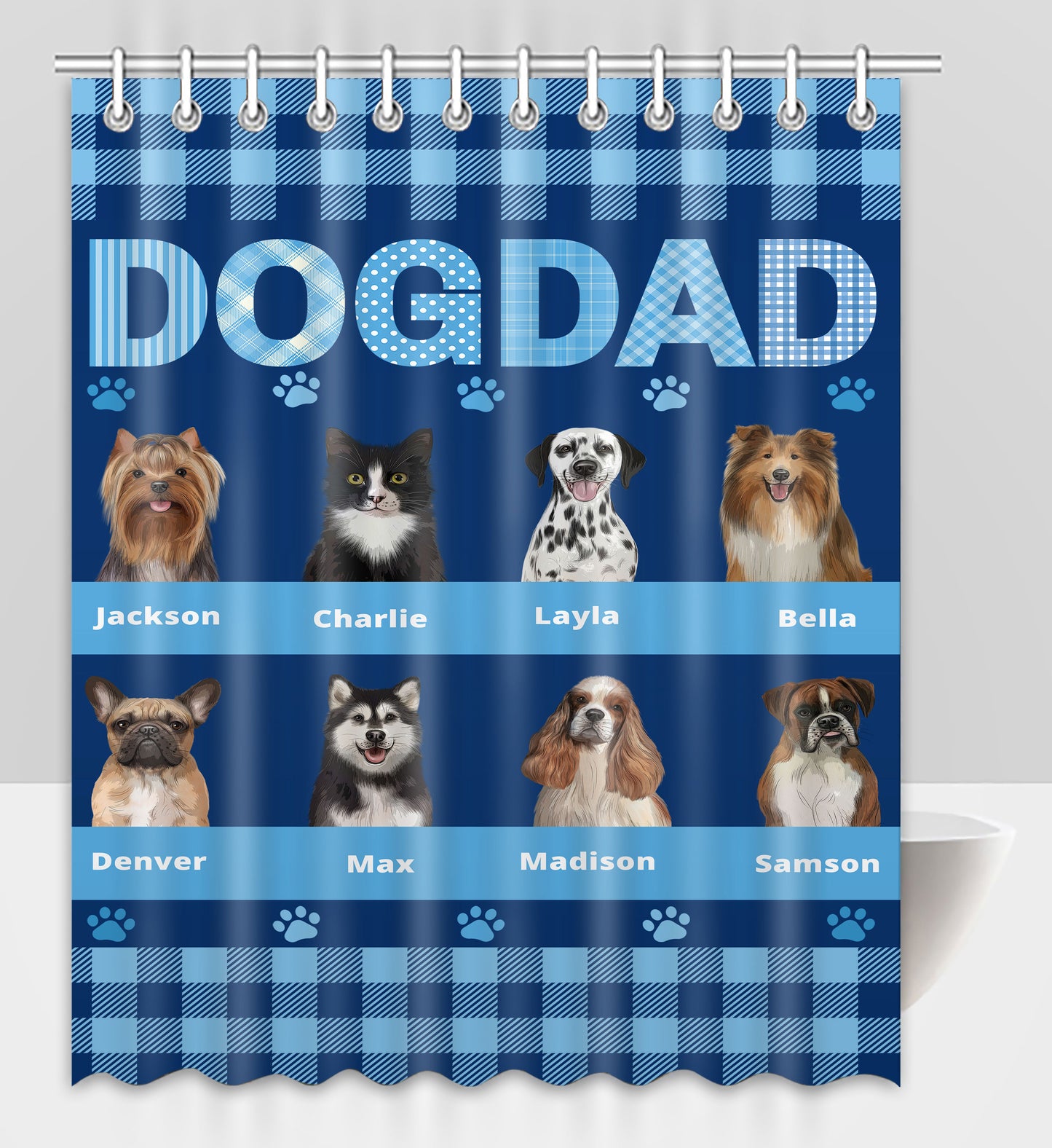 Personalized Dog DAD Pet Dog Cat Shower Curtain 1-10 pets