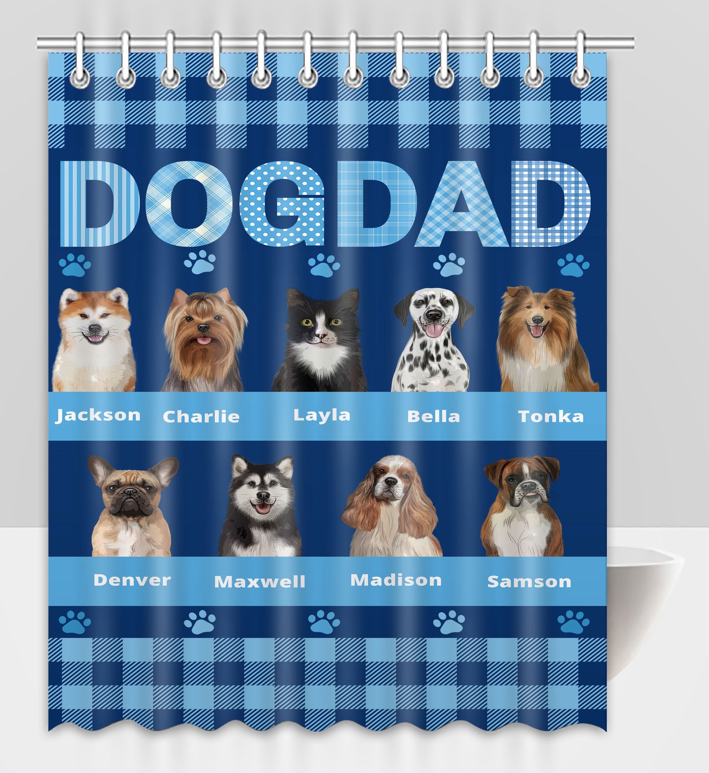 Personalized Dog DAD Pet Dog Cat Shower Curtain 1-10 pets