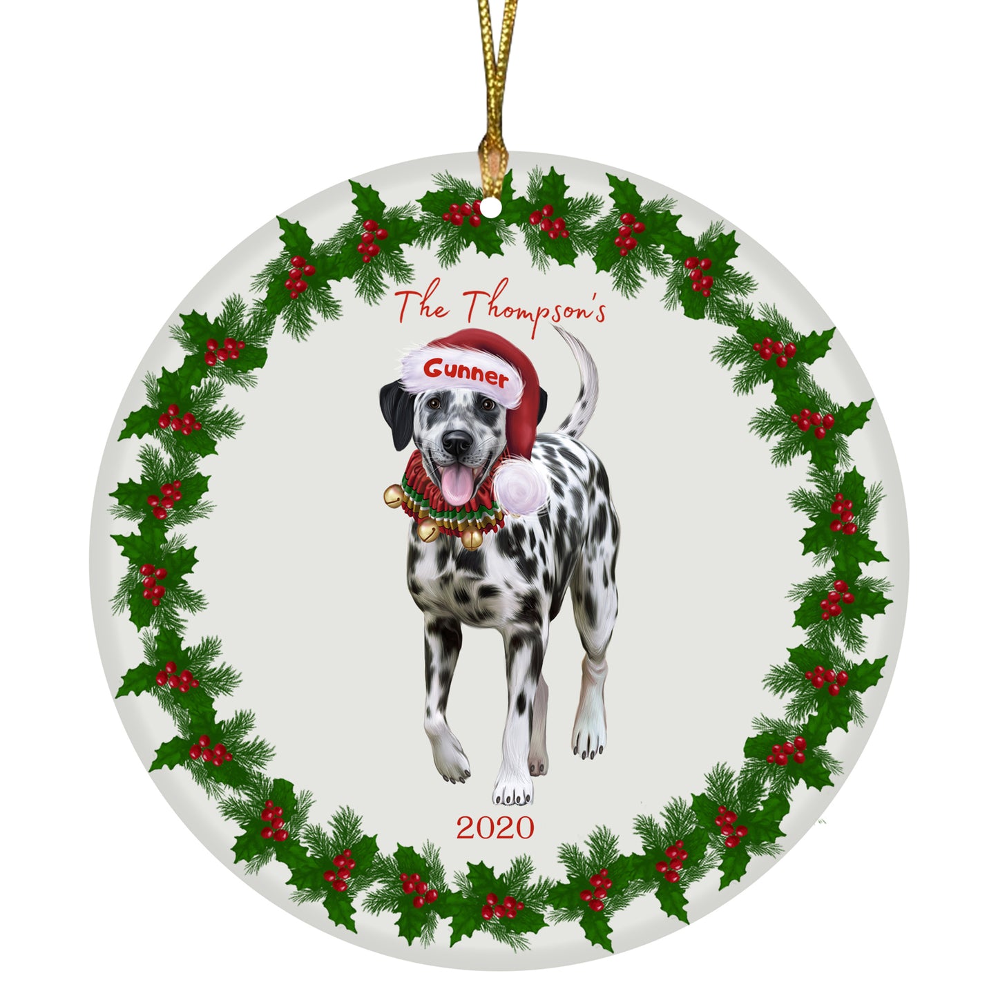 Personalized Holly Berry Trimming Dalmatian Dog Ceramic Round Flat Christmas Tree Ornament RFPOR48272