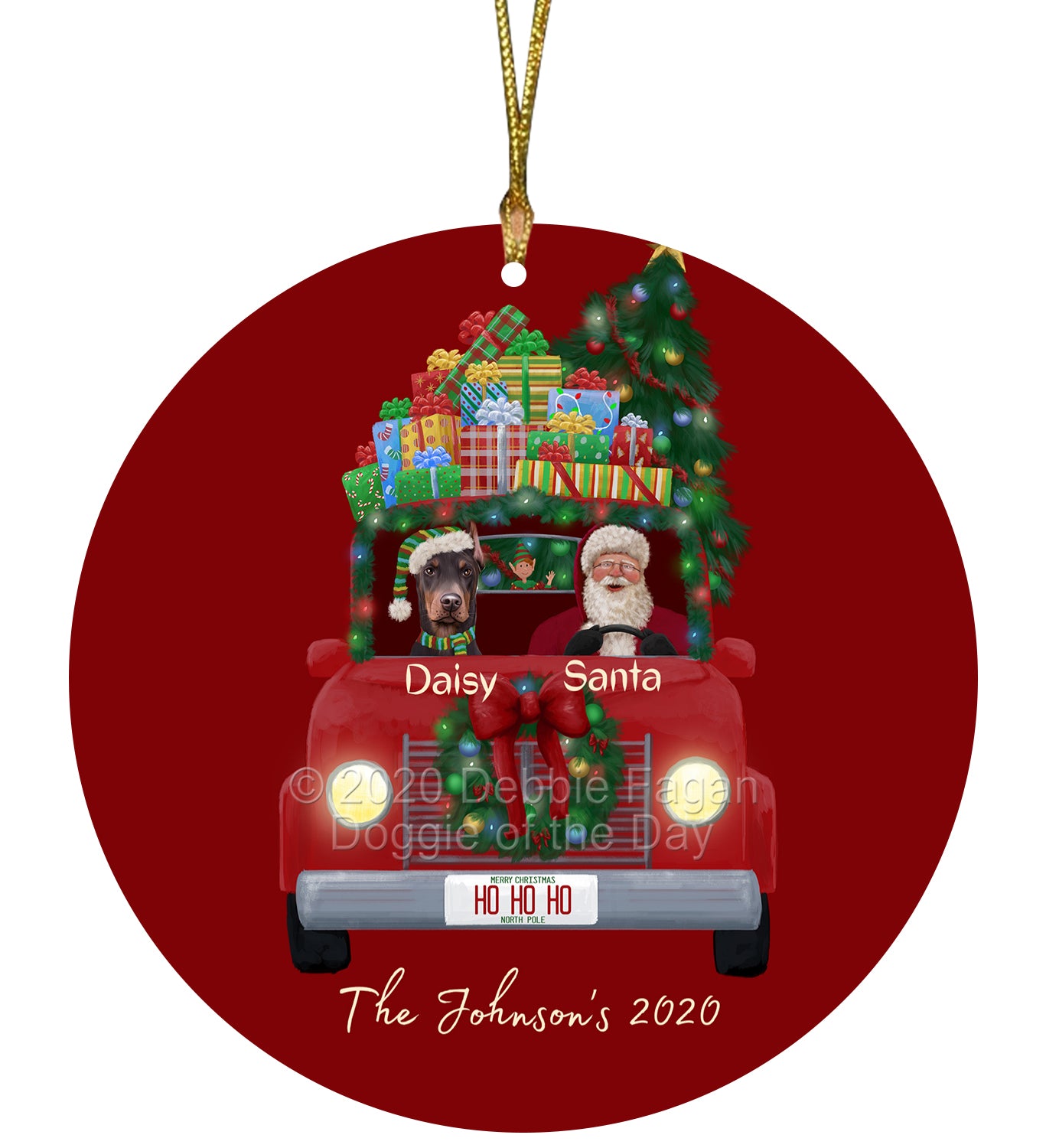 Personalized Red truck Santa with Doberman Dog Ceramic Round Flat Christmas Tree Ornament RFPOR48033