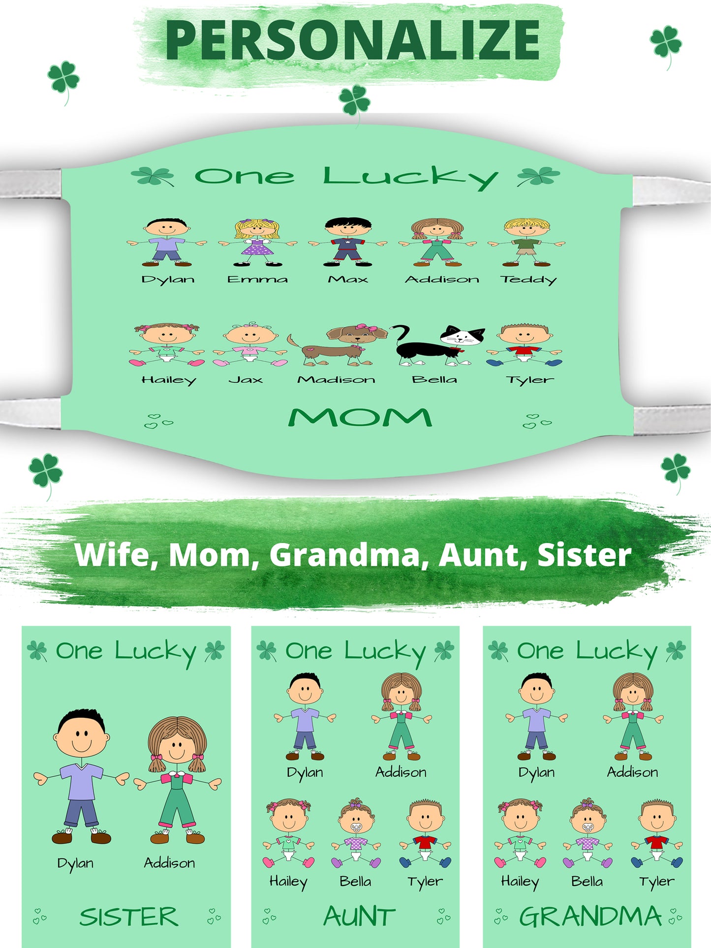 Personalized One Lucky Dog Cat Pets Grandma, Aunt, Mom, Wife or Sister Face Mask